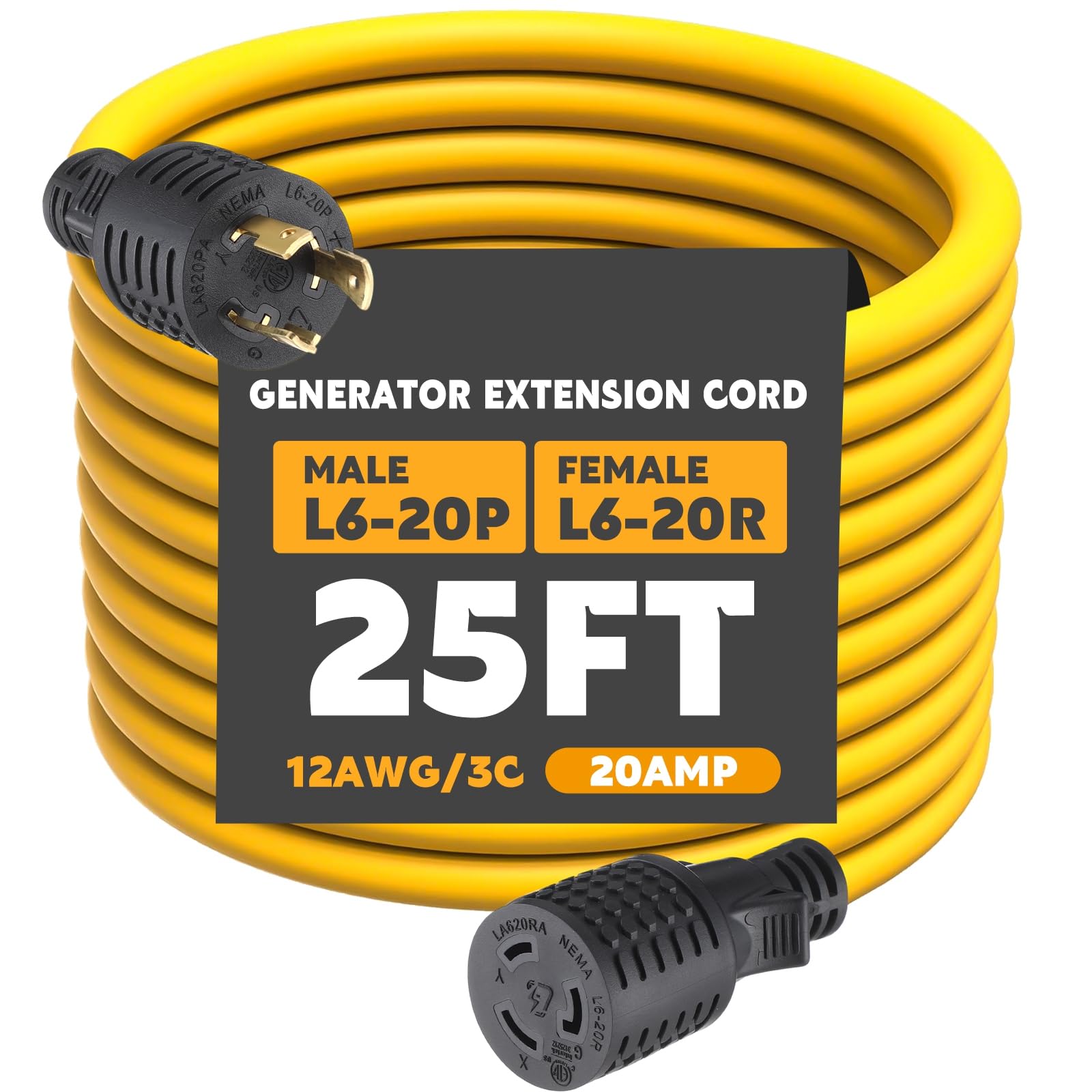 Tellegloww 25ft NEMA L6-20 Generator Extension Cord L6-20P Male Plug to L6-20R Female Receptacle 3 Prong 20 Amp Locking Power Cord, STW 12 AWG/3C,250