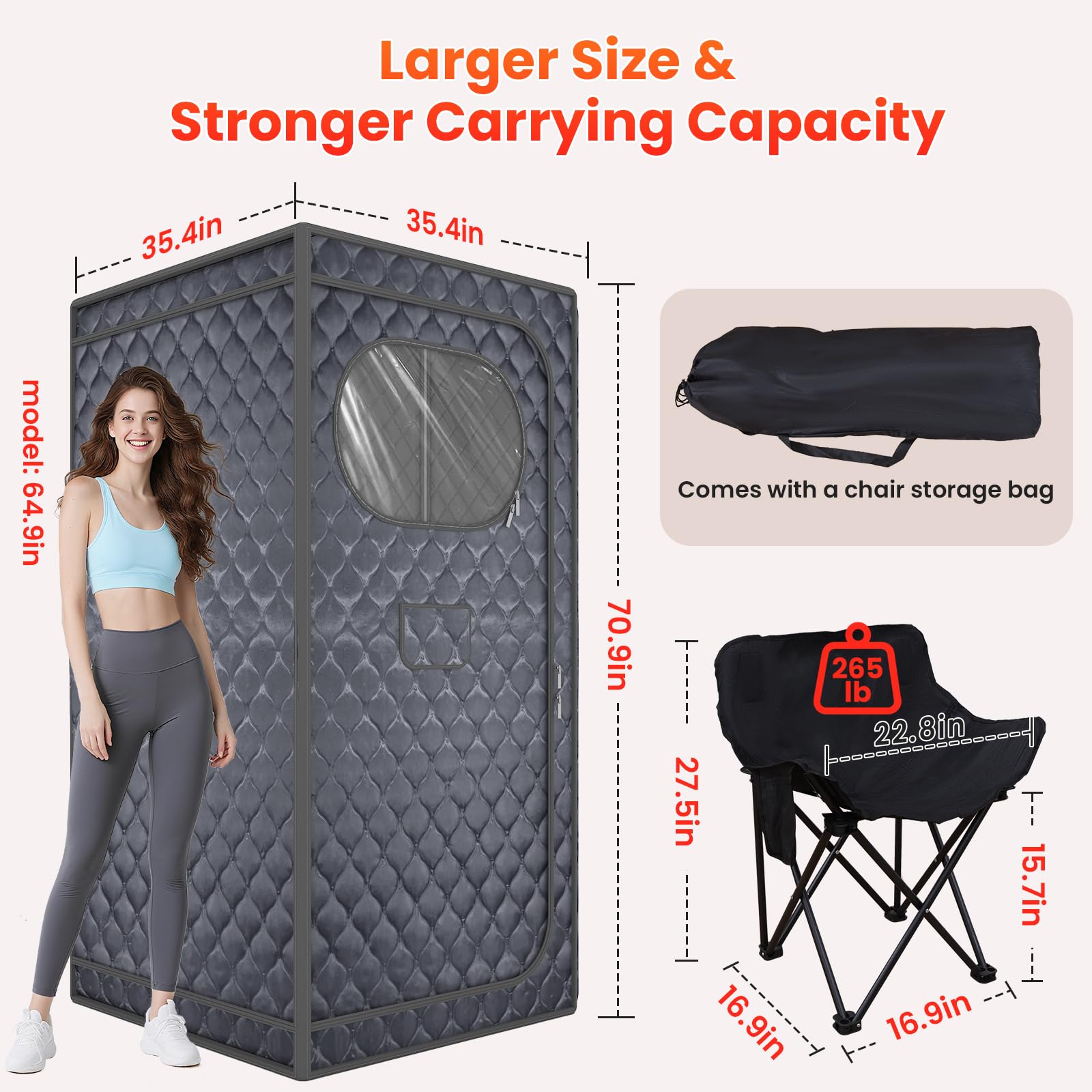 Condition photo showing Good Condition for Portable Sauna for Home, Upgraded Personal Steam Sauna Box with 3L 1300W Steamer, Folding Chair, Extra Large Size Foldable Home Sauna 3’X 3’X 5.9’, Full Body Sauna Tent for Relaxation Spa, Gray