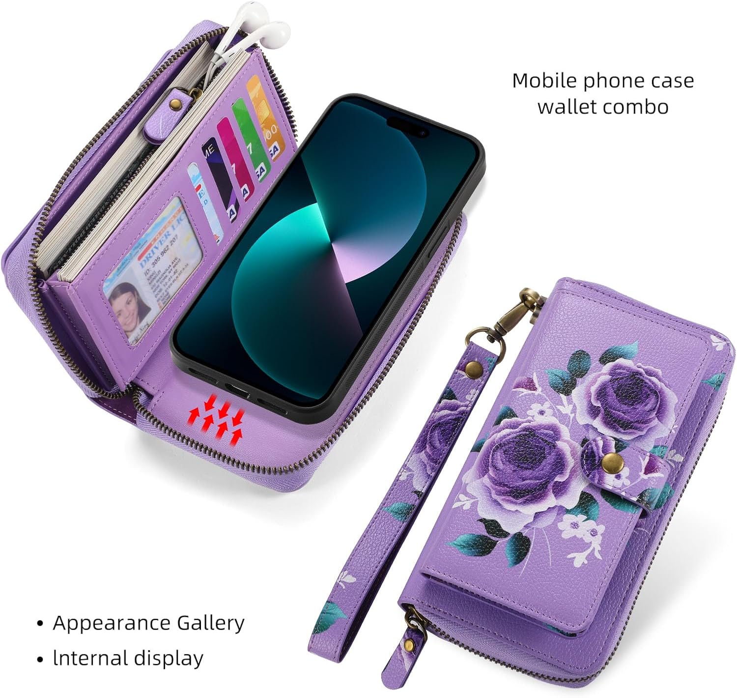 LITOU Compatible for iPhone 15 Pro Max Phone Case Wallet for Women Men，Wristlets Zipper Leather Wallet Flip Case，RFID Blocking Card Holder,Detachable Magnetic Cover Case.PF