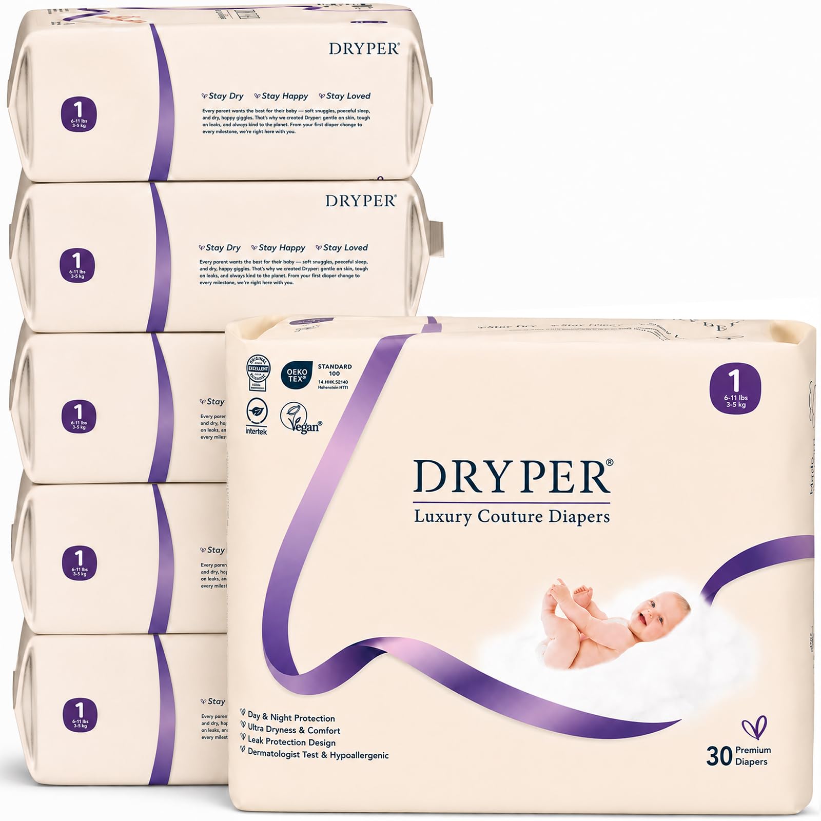 Ekologiczne pieluchy dla noworodków DRYPER rozmiar 1 (3-5 kg), ultracienkie, miękkie, hipoalergiczne pieluchy dla wrażliwej skóry, wskaźnik wilgotności, 180 sztuk pieluch premium na dzień i na noc