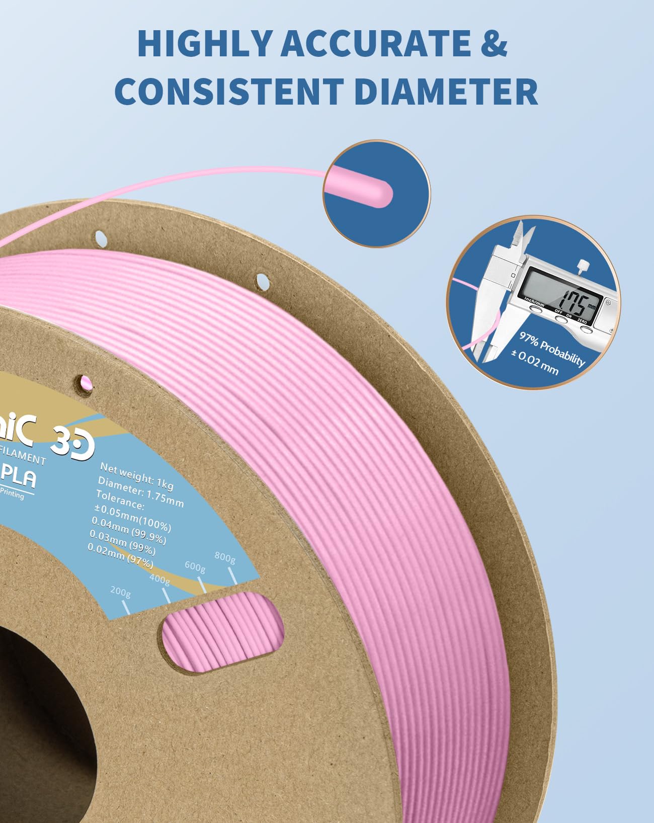 DURAMIC 3D Filamento PLA opaco da 1,75 mm, rosa, bobina di cartone da 1 kg, finitura opaca, filamento per stampante 3D PLA 1,75 mm, precisione dimensionale 99% +/- 0,03 mm, stampa con stampante 3D