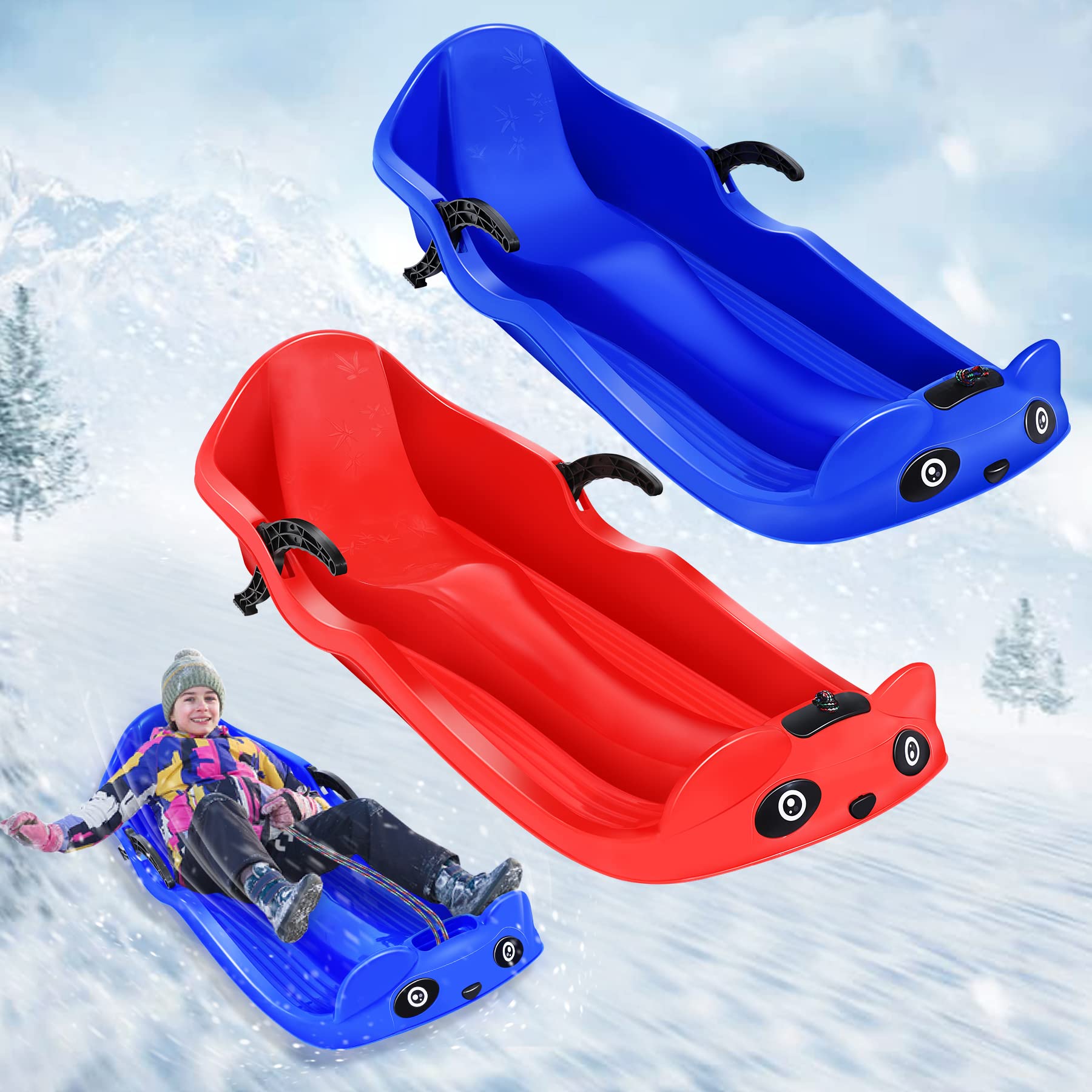 40 Inch Snow Sled, Heavy Duty Snow Sleds for Kids and Adult Outdoor Downhill Fast Saucer Sled with 2 Hand Brakes & Pull Rope Durable Toboggan Sled Winter Snow Sled for Kids Cute Panda Plastic Sled