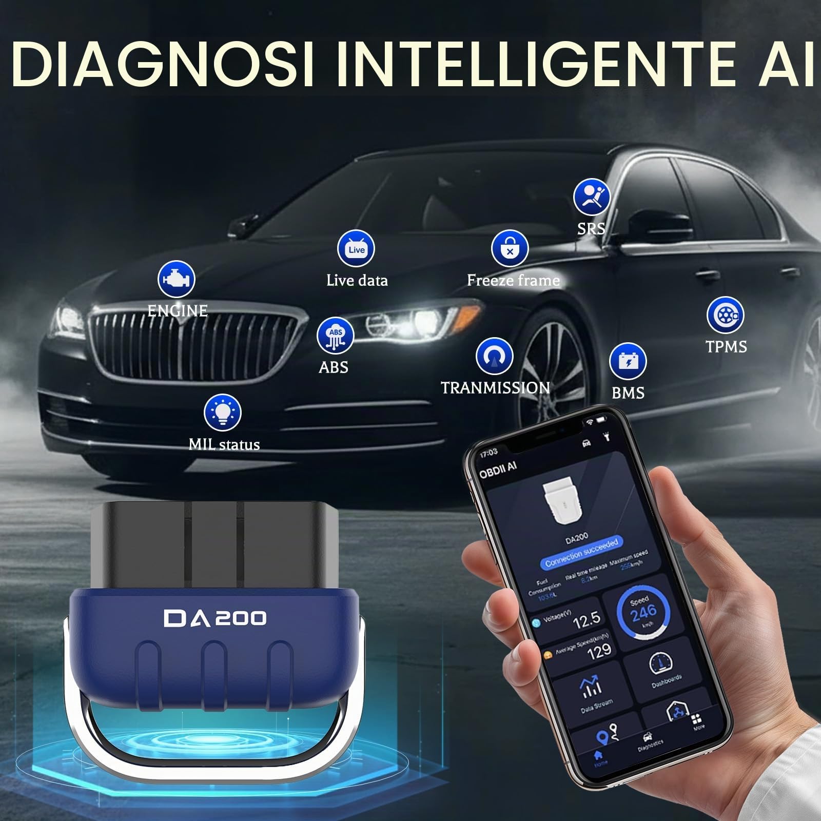 Anluomania OBD2 Auto Diagnostica, Bluetooth Diagnosi Auto Professionale, OBD2 Diagnosi Auto, Cancellazione Codici di Errore, Bluetooth 5.4/BLE, OBD2 Scanner Multimarca, per Auto OBD II Protocol 1996