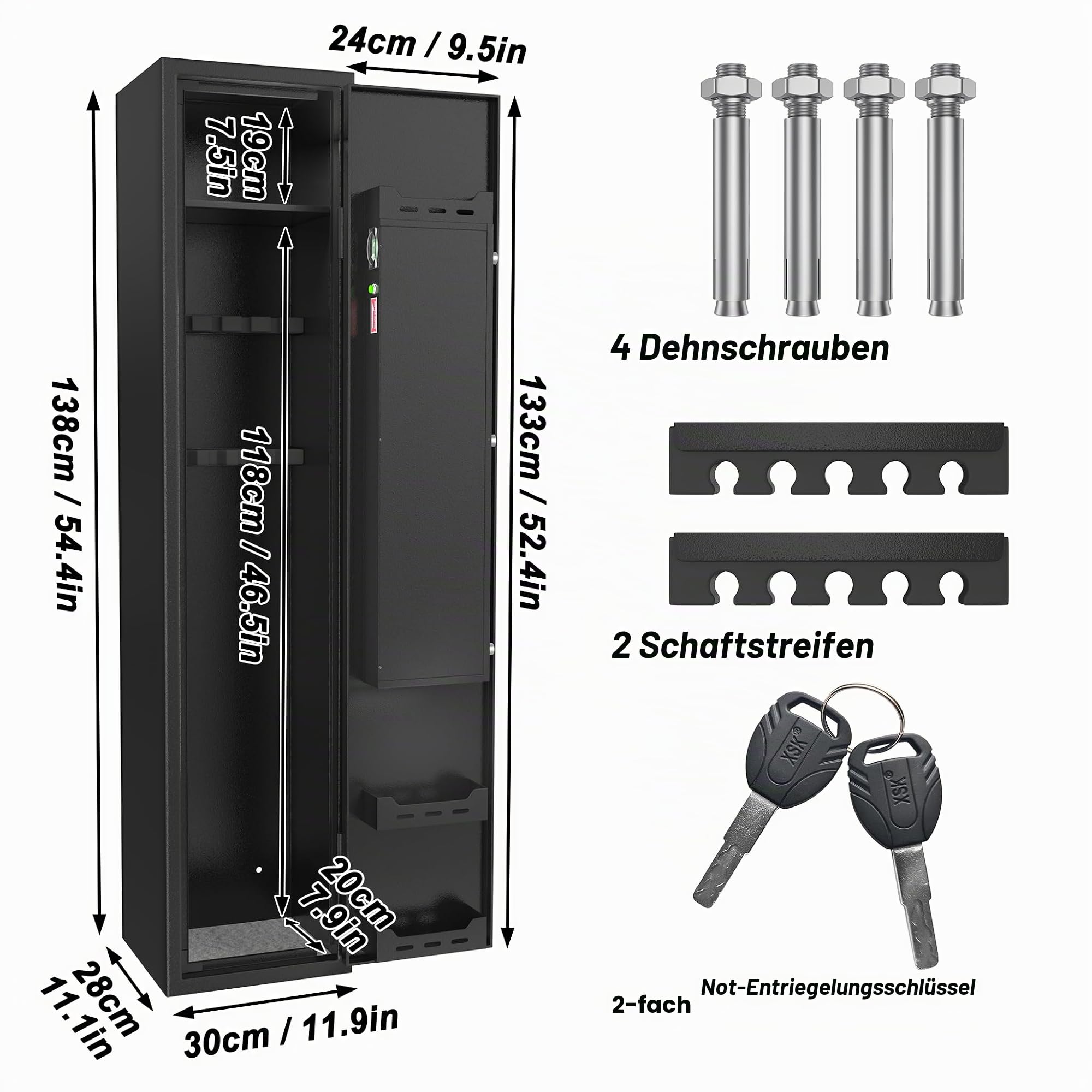 Froadp Waffenschrank aus Stahlblech, Sicherer Waffentresor & Langwaffenschrank mit Zahlenschloss & Schlüsselschloss, inkl. Alarm & LED, Munitionsschrank für Gewehre, Pistolen & Zubehör, Schwarz