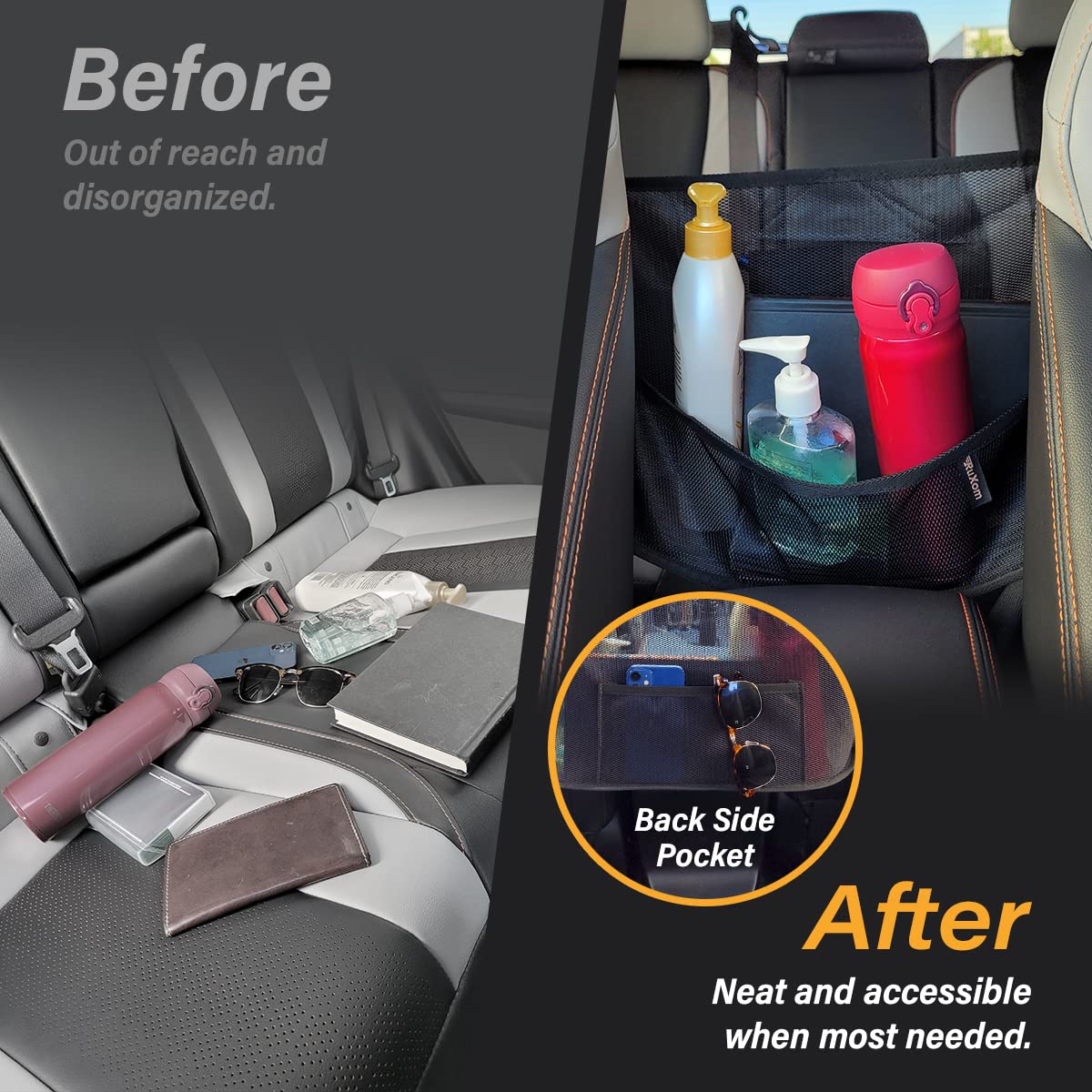 Coverland Car Purse Holder Organizer, Handbag Storage net with Pockets, Between Seats Mesh Provides visibility of kids, Console Caddy Dog Barrier (Black)