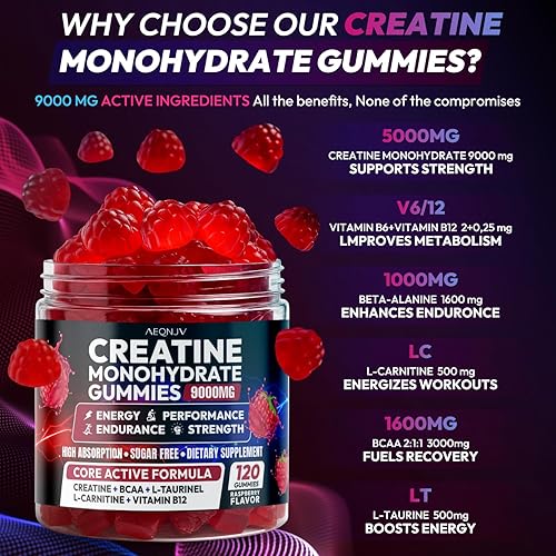 Miniatura 3 de Gomitas de creatina monohidrato complejo 9000 mg, pre-entrenamiento para hombres y mujeres, gomita de creatina con L-taurina, BCAA 21, B126 para