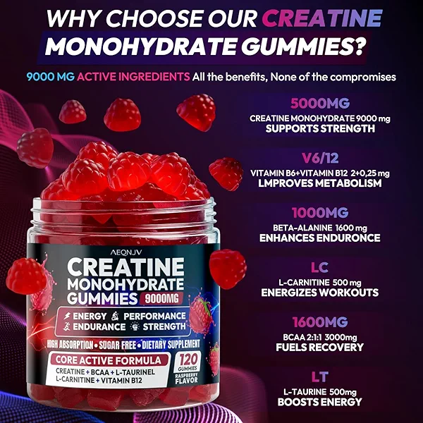 AEQNJV Creatine Gummies Monohydrate Complex 9000MG, Pre-Workout for Men & Women, Creatine Gummy with L-Taurine, BCAA 2:1, B12/6 for Muscle Support, Enhance Strength, Energy Boost-120 Count