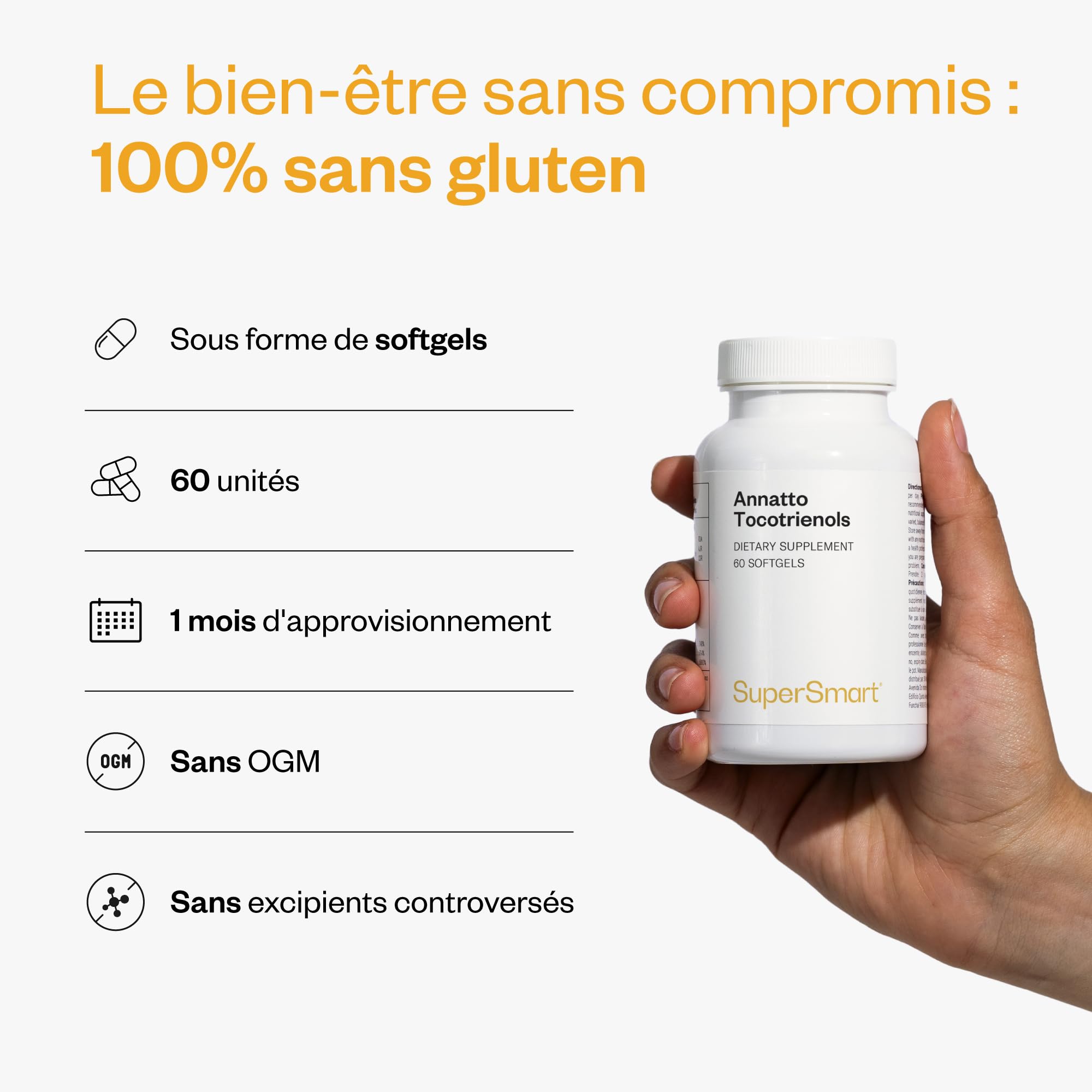 Annatto Tocotrienols - La Plus Grande Source Naturelle de Vitamine E - Contribue à la Protection de Toutes les Cellules Contre le Stress Oxydatif - Sans OGM - Sans Gluten - Supersmart