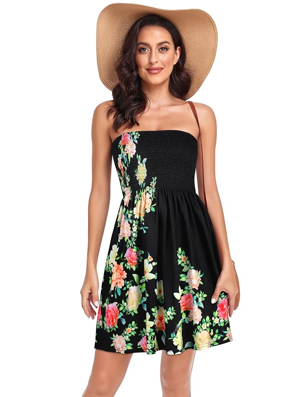 rosemia Womens Summer Dresses Sleeveless Boho Flower Print Cover Ups Strapless Beach Sundresses(Black Rose Flower Print,L) by rosemia - Used condition - Image 3