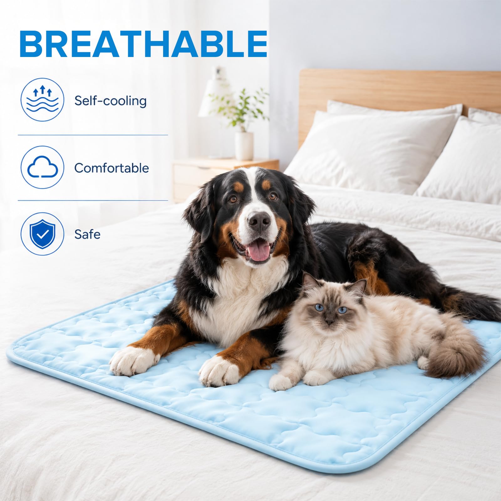 Kühlmatte Kühldecke für Hund Katze 104 * 71cm Selbstkühlend | Sommer Waschbar Hundematte für Groß Mittel Klein Haustiere Hellblau für Zuhause, Outdoor, im Auto Himmelblau
