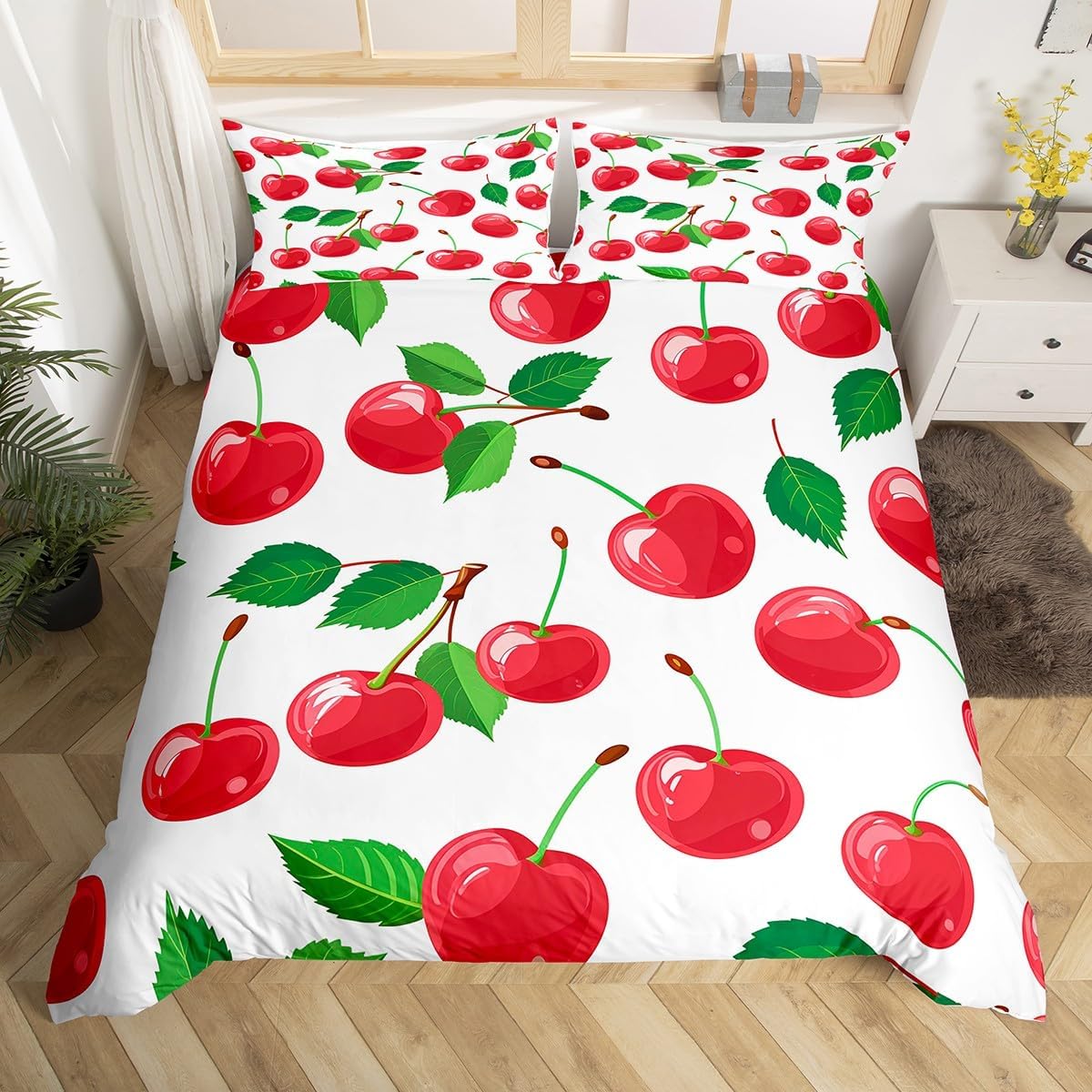 Red Pink Cherry Bedding Set Toddler Size 2 Pcs,Cartoon Natural Fruits Decorative Duvet Cover for Kids Teens Adults,Botanical Green Leaves Wild Plants Comforter Cover with 1 Pillowcase,No Comforter