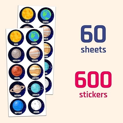 60 hojas, 600 calcomanías, calcomanías del sistema solar planeta para niños, 1.5 pulgadas