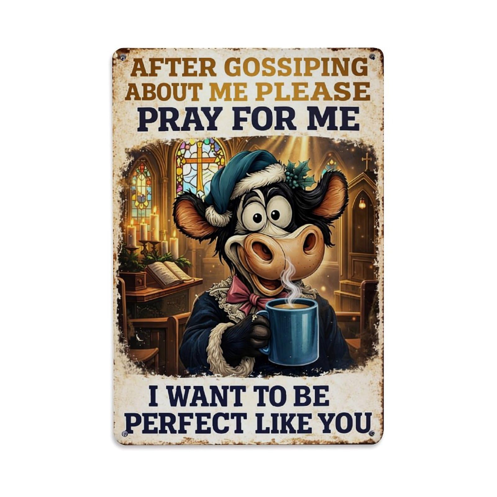 Jdfenggu Vintage Cow In Church With Coffee Retro Metal Tin Sign, Decor Art Poster For Bar, Home, Man Cave, Kitchen, Laundry Room Gift 8X12inch