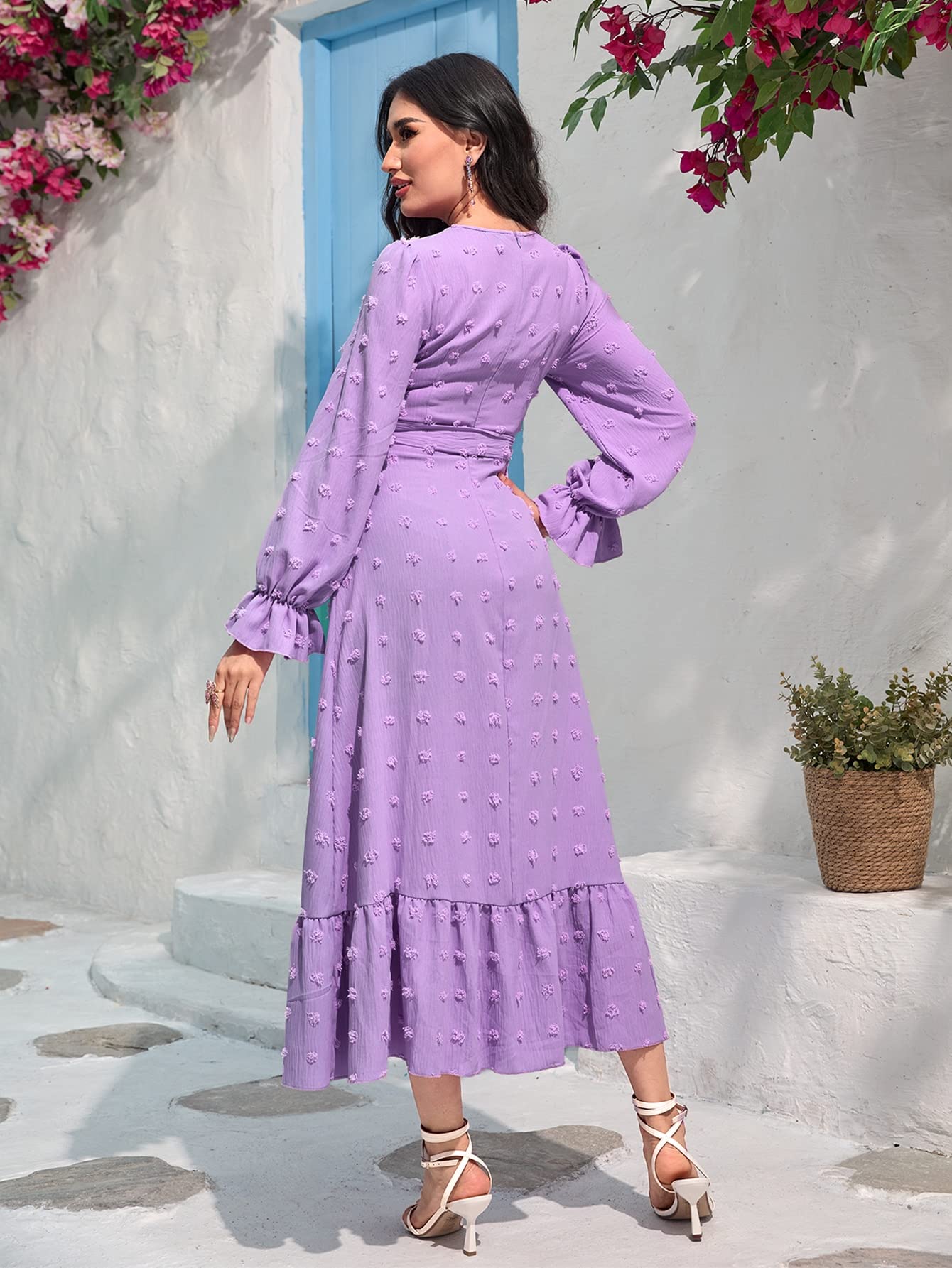 Amazon.com: Women's Dresses Swiss Dot Flounce Sleeve Ruffle Hem Belted Dress  Dress for Women (Color : Purple, Size : Small) : Clothing, Shoes & Jewelry