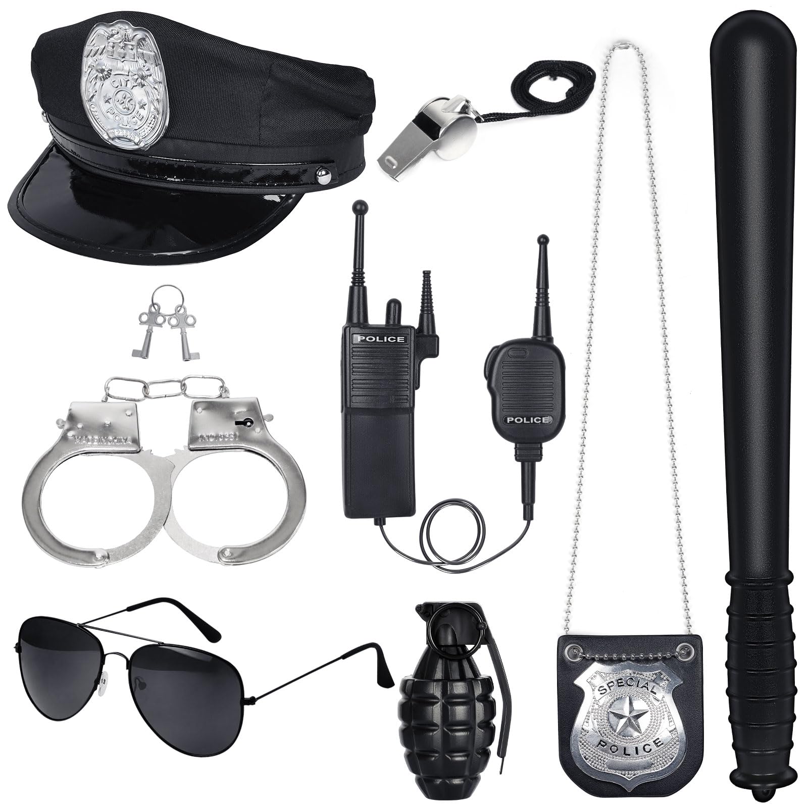 Spinosaurus 8pcs Police Costume Accessories for Kids Adult Police Hat,Whistle,Handcuffs,Eyeglasses,Badge,Baton for Men Women Halloween Fbi Cosplay Play Carnival Dress Up Accessories