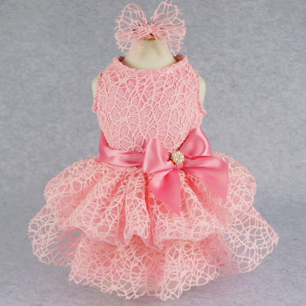 Fitwarm Luxury Pink Lace Dog Tutu Dress Pet Wedding Clothes Shirts + Matching Hair Clip, Pink, XXS