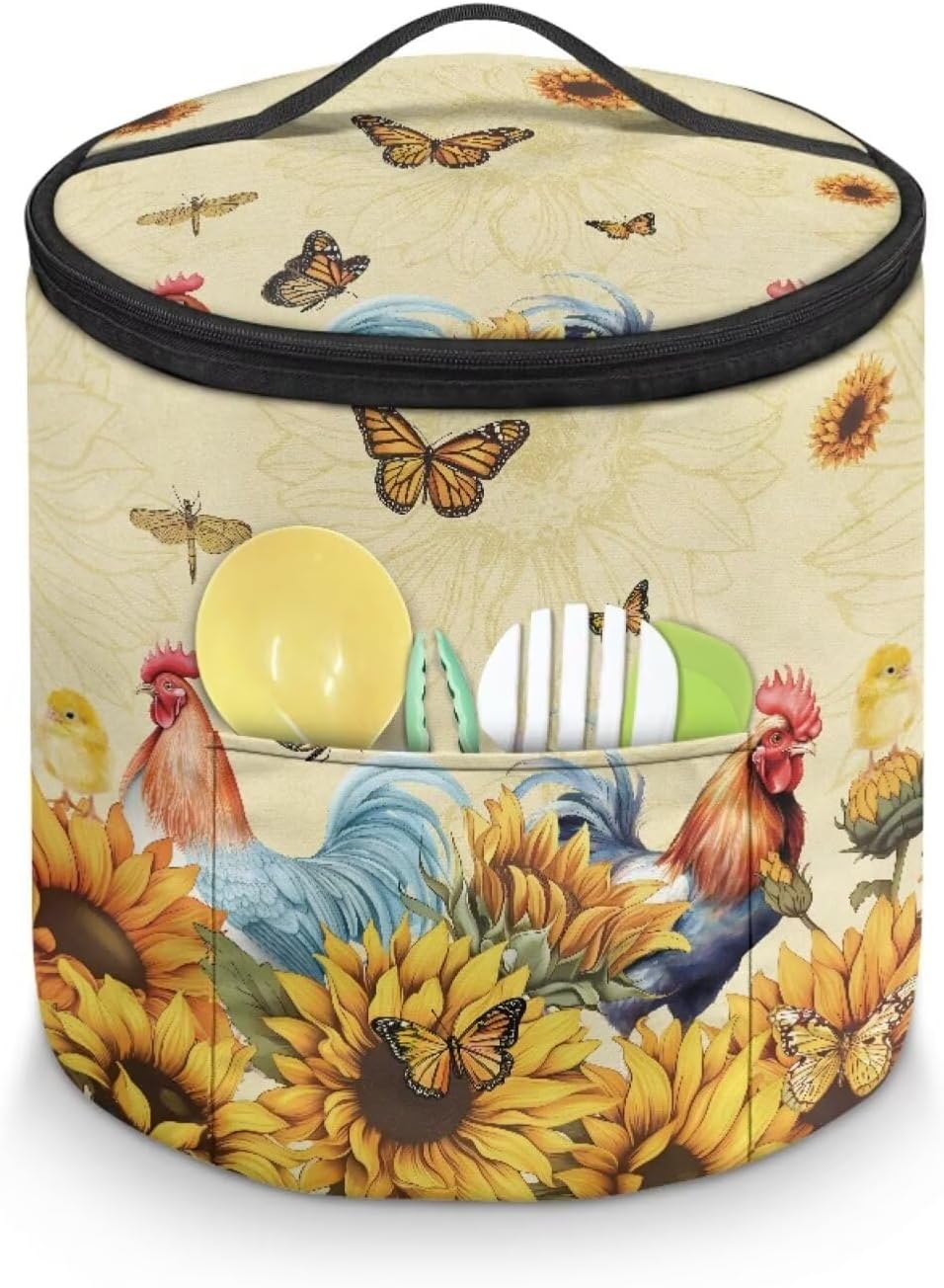 Sunflower Butterfly Rooster Print Carrier Bag for 6 Quart Instant Pot, Insulated Pressure Cooker Travel Bag with Zipper Closure Carrying Strap, and Front Pocket for Pressure Cooker Cover