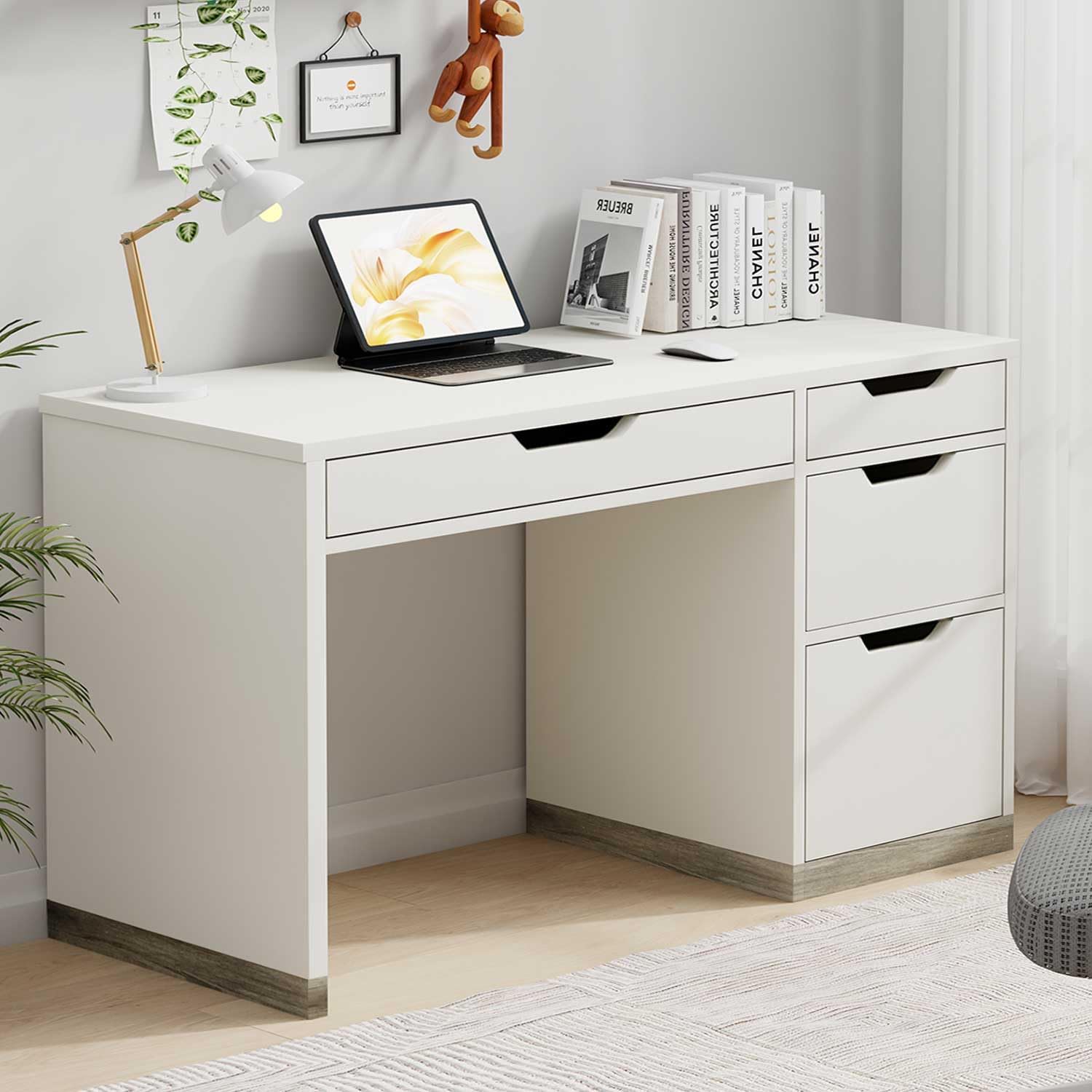 48 Inch White Desk with Drawers, Small Computer Desk with 4 Storage Drawers for Small Space, Home Office Desk for Bedroom with Storage File Cabinet
