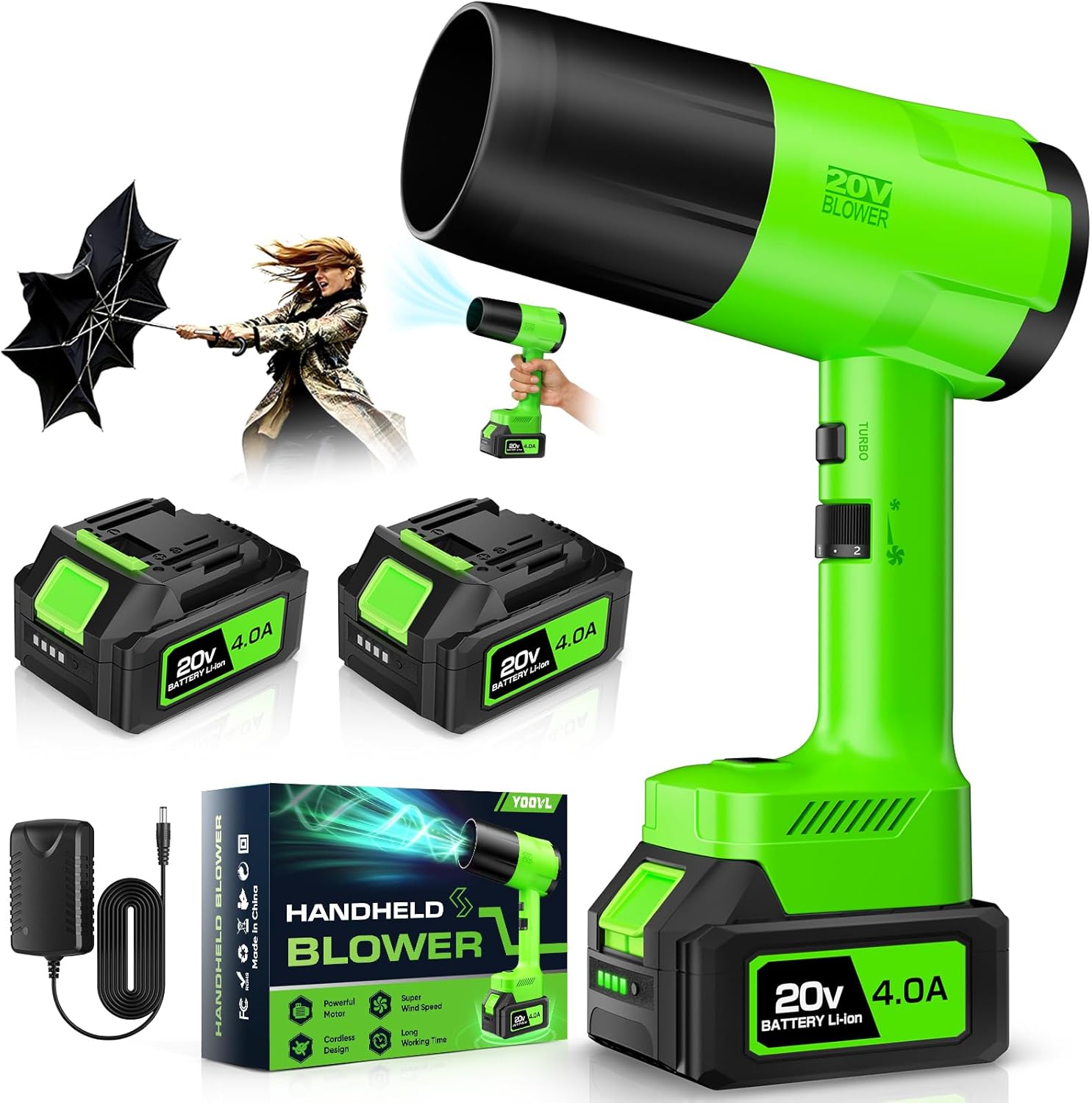 YOOVL Cordless Leaf & Snow Blower, Handheld 20V with 2x4.0Ah Batteries, 6 Speeds, Lightweight for Lawn, Patio, Yard Cleanup