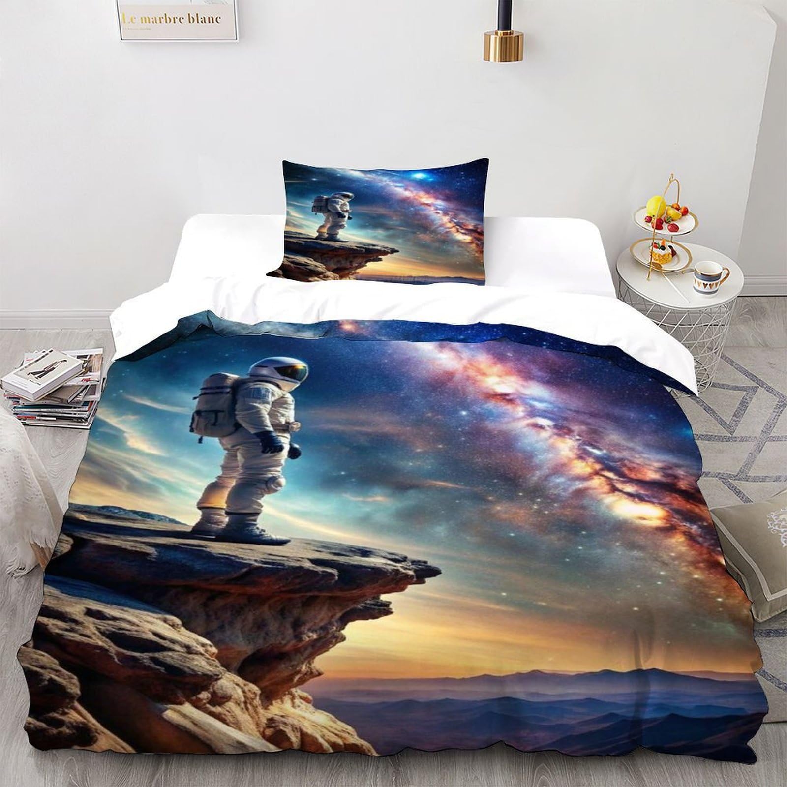 Astronaut；galaxy Bedding Set Theme Bedspread Starry Sky Theme Duvet Cover Set Microfiber Comforter Cover for Boys&Girls with Pillowcase Single（135x200cm）