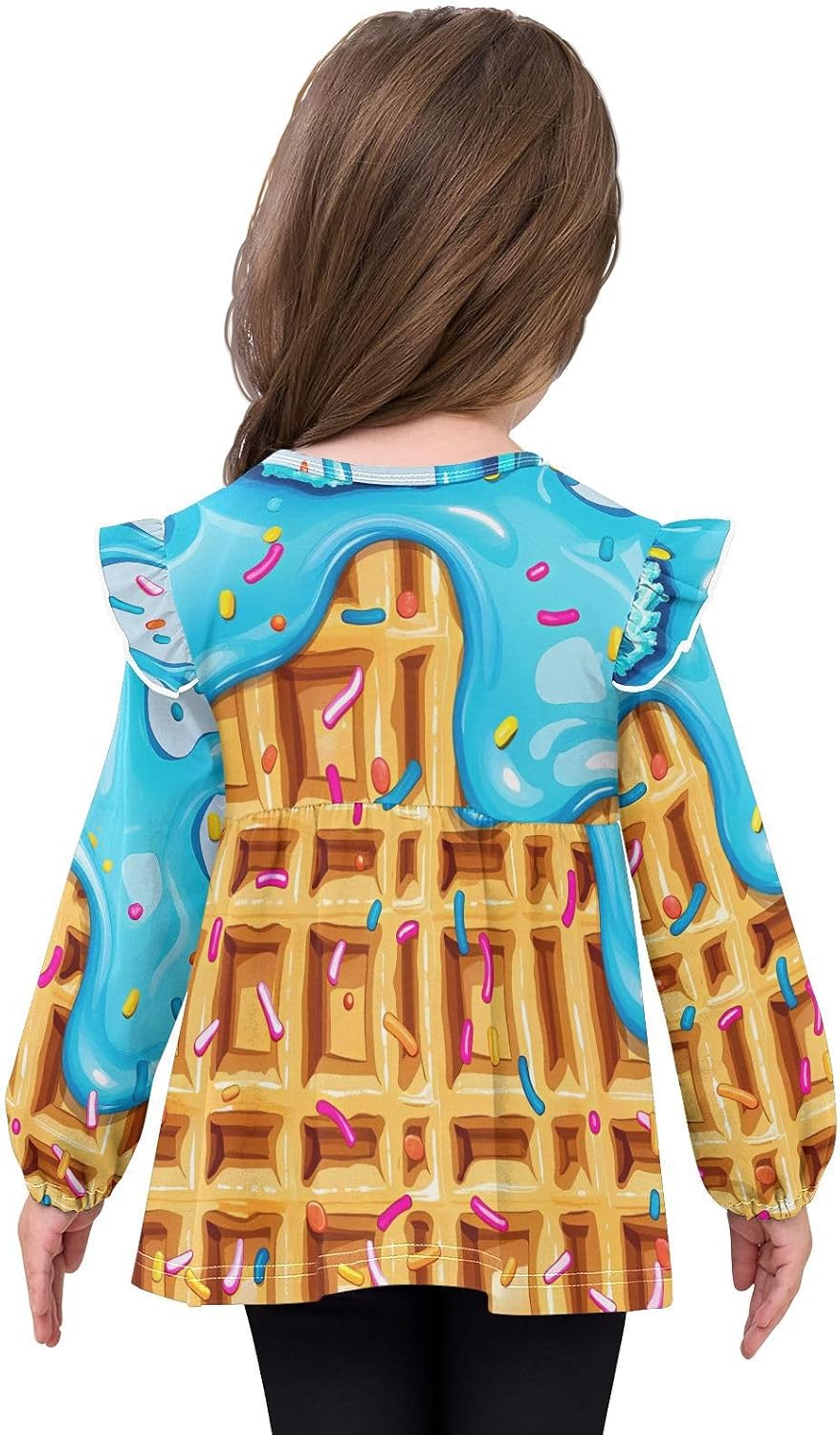 visesunny Toddler Clothes for Girls Blue Waffle Ice Cream Long Sleeve Fall Shirts Cotton Top with Ruffle Collar