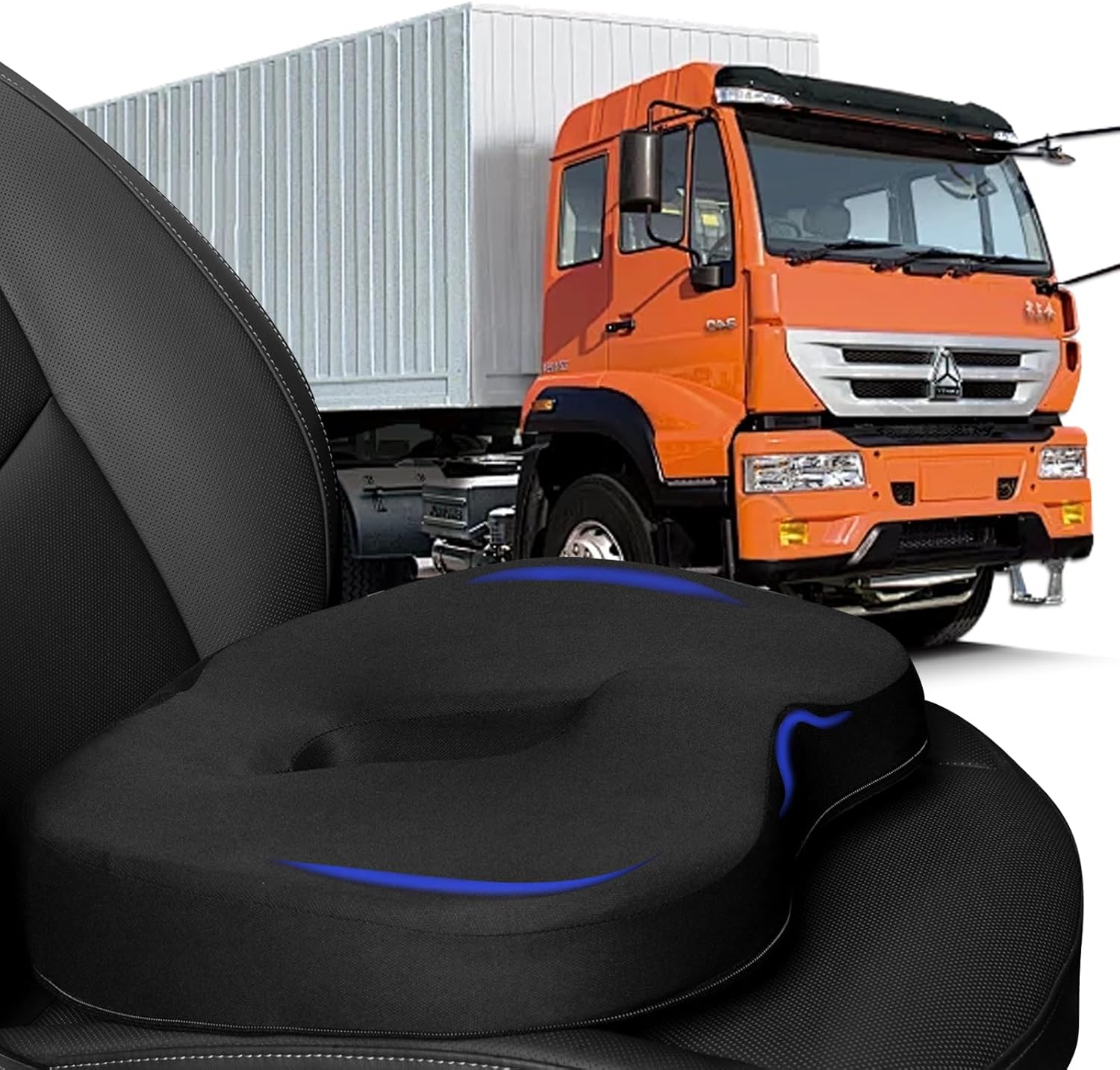 MINUPWELL Truck Seat Cushion, 3PC 100% Memory Foam Seat Cushion for Truck Driver, with Back Support, Semi Truck Accessories for Men Seat - 18x14.5x3.5in, Lumbar Cushion-16.5x15.4x5
