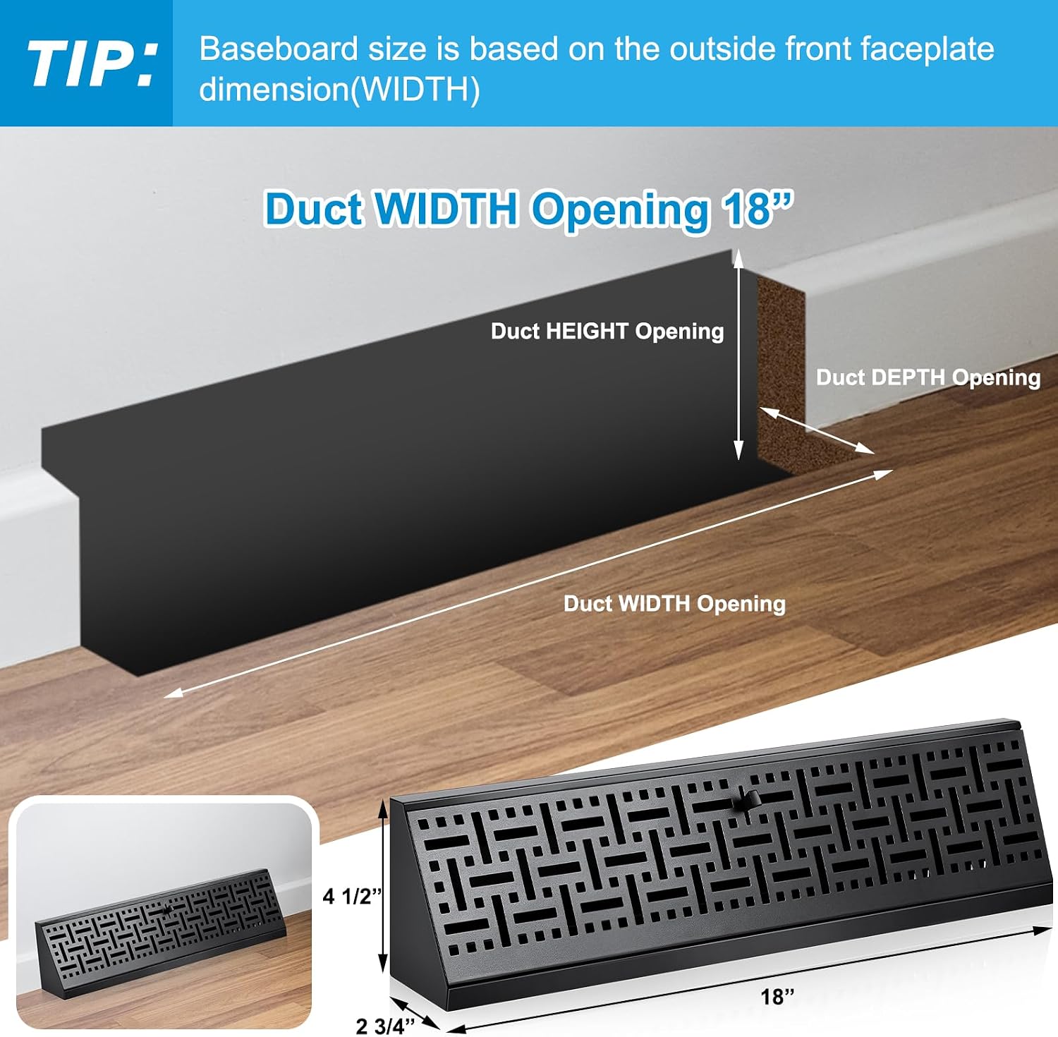 Landhoow 4 Pcs 18 Inch Baseboard Register Vent Covers, Black Heavy Duty Steel Air Diffuser with Adjustable Lever for Floor/Wall Duct Openings - Easy Install HVAC Supply Diffuser