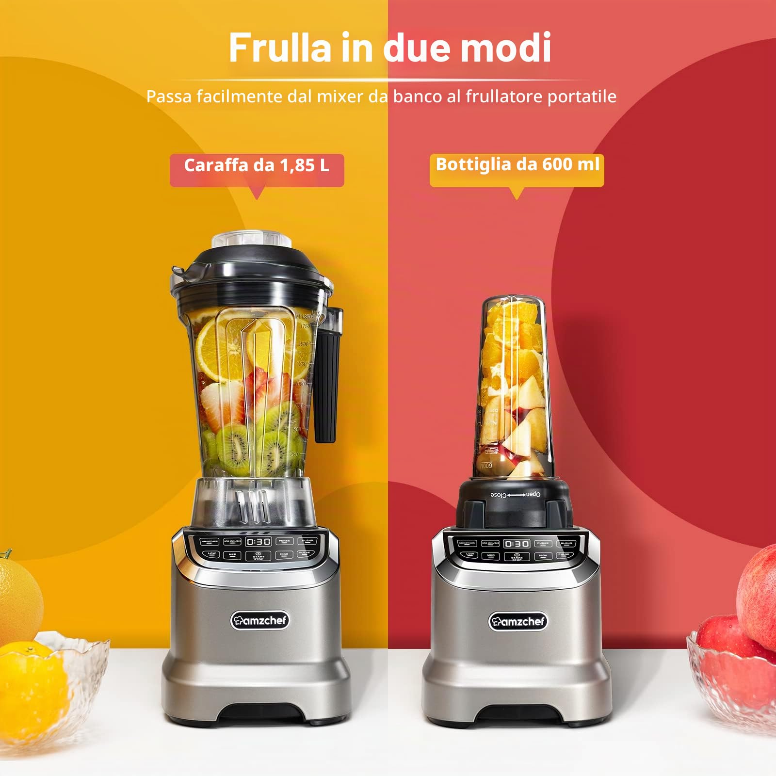 AMZCHEF 2-IN-1 Frullatore Professionale 2000W con Contenitore da 1850 ml e 600 ml per Due Modalità di Frullatura - 2000W Frullatore Tritatutto Multifunzione con Tamper e 6 Lame - Grigio Opaco