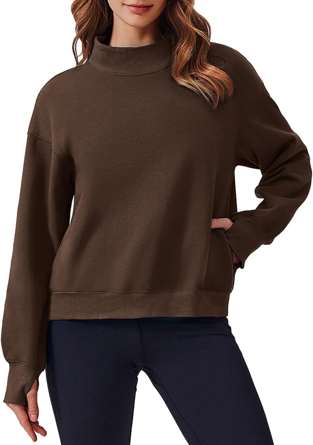 PINSPARK Sweatshirt for Women 2024 Fall Outfits Long Sleeve Fleece Top Turtleneck Sweater Shirts with Side Pockets Thumb Hole