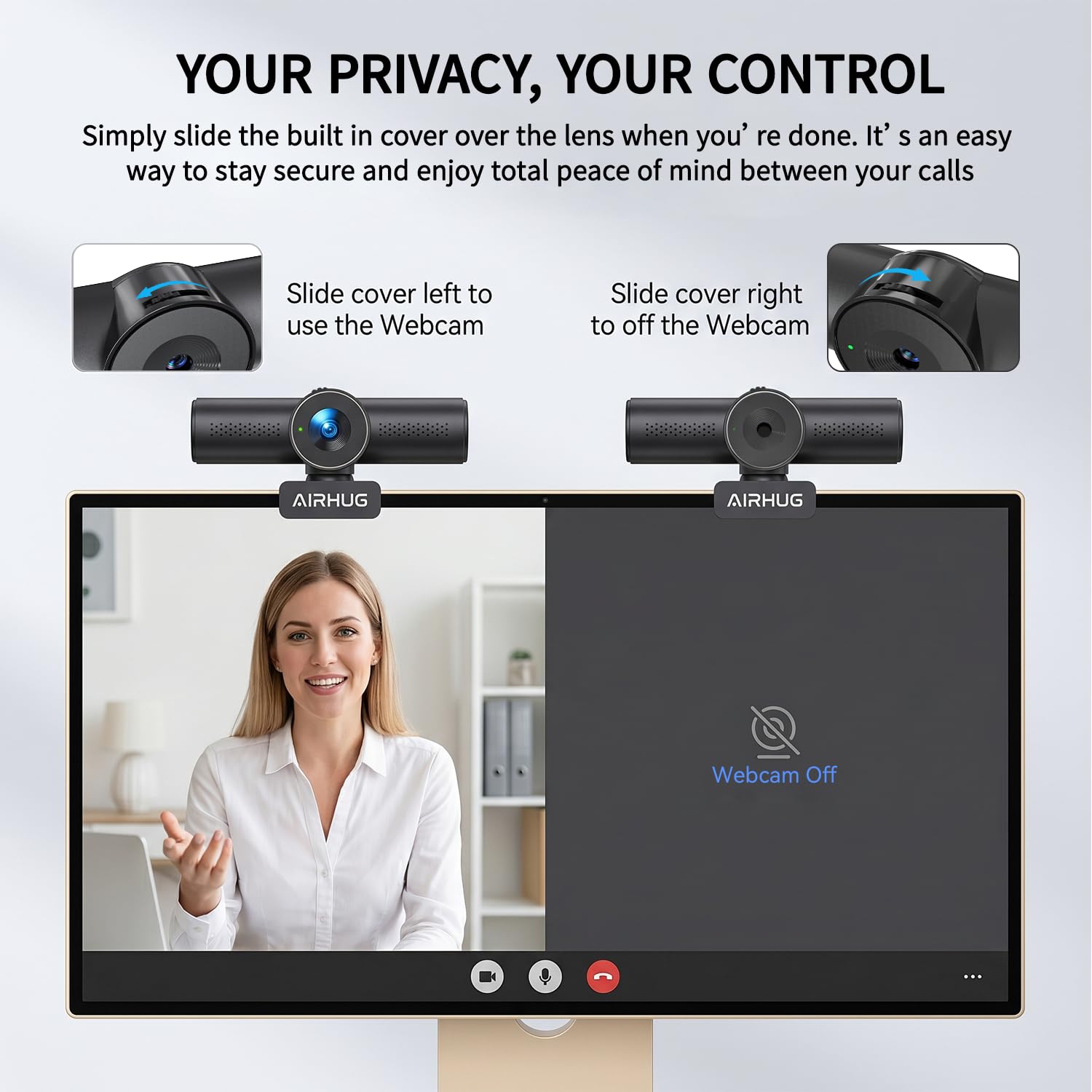 AIRHUG Webcam streaming 2K 60fps con doppio microfono e copertura per la privacy