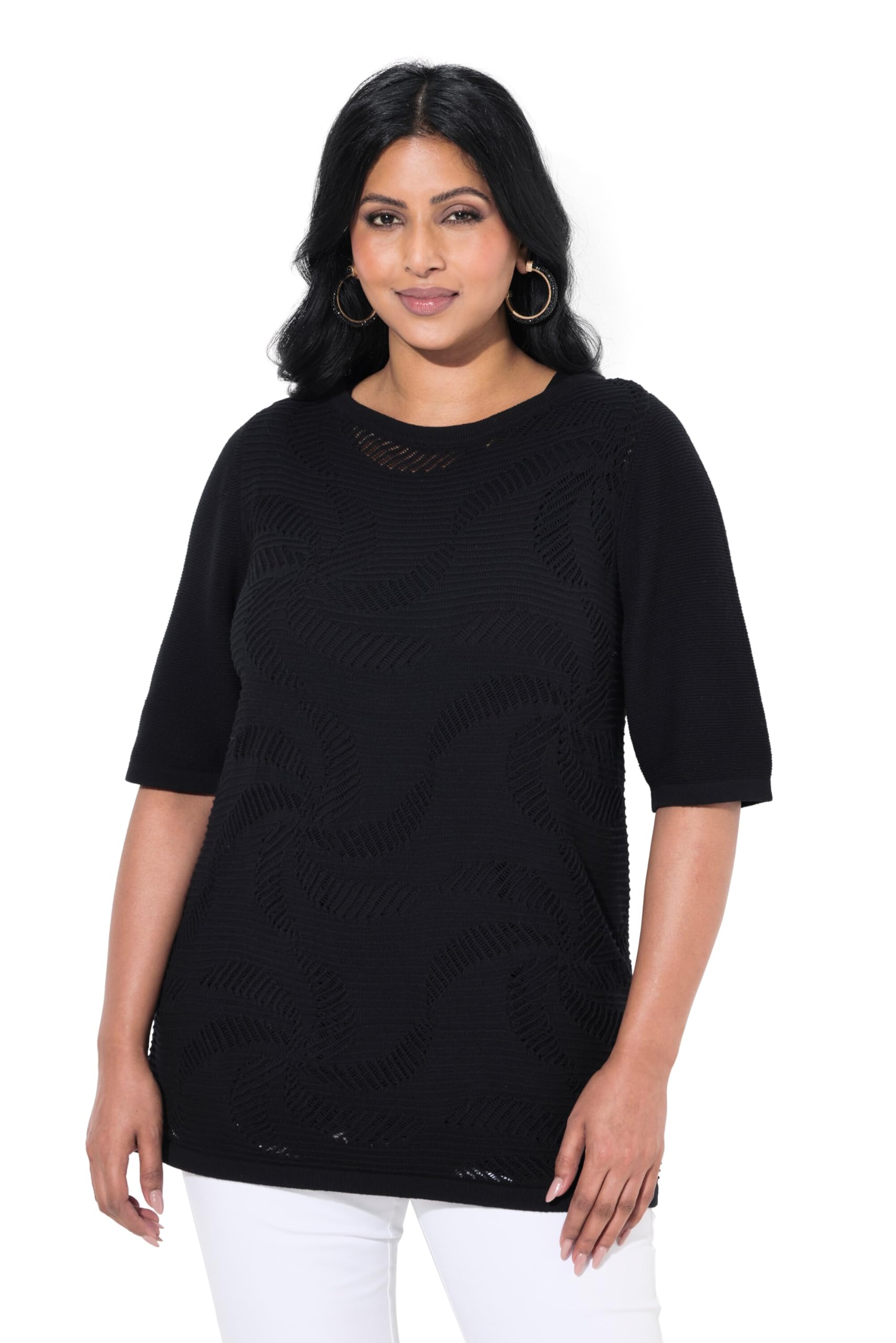 Ulla Popken Damen große Größen Übergrößen Plus Size Pullover, Blüten, U-Boot-Ausschnitt, Halbarm 835315