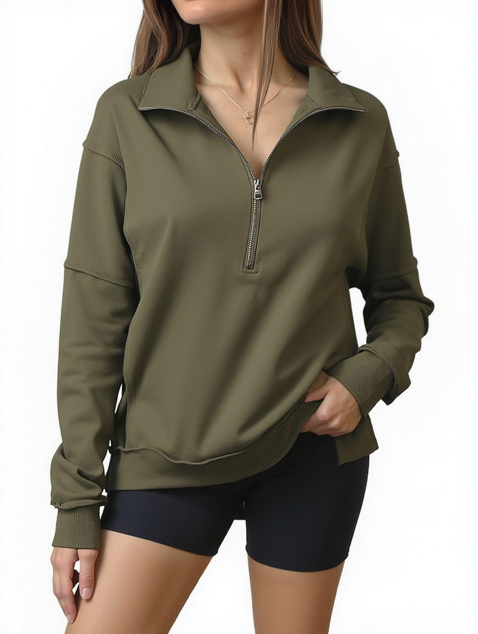 BLENCOT Womens Oversized Sweatshirt Half Zip Fleece Pullover Long Sleeve Fall Side Slit Tops