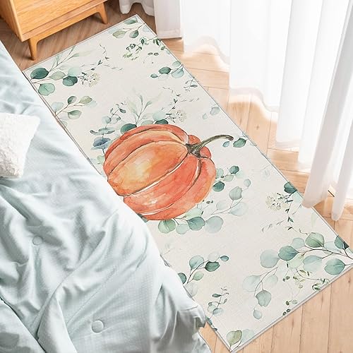 Miniatura 252 de Alfombras y tapetes de cocina Hello Fall, 2 unidades, color azul, naranja, calabaza, hoja de arce, pájaros, alfombras antideslizantes con pasillo