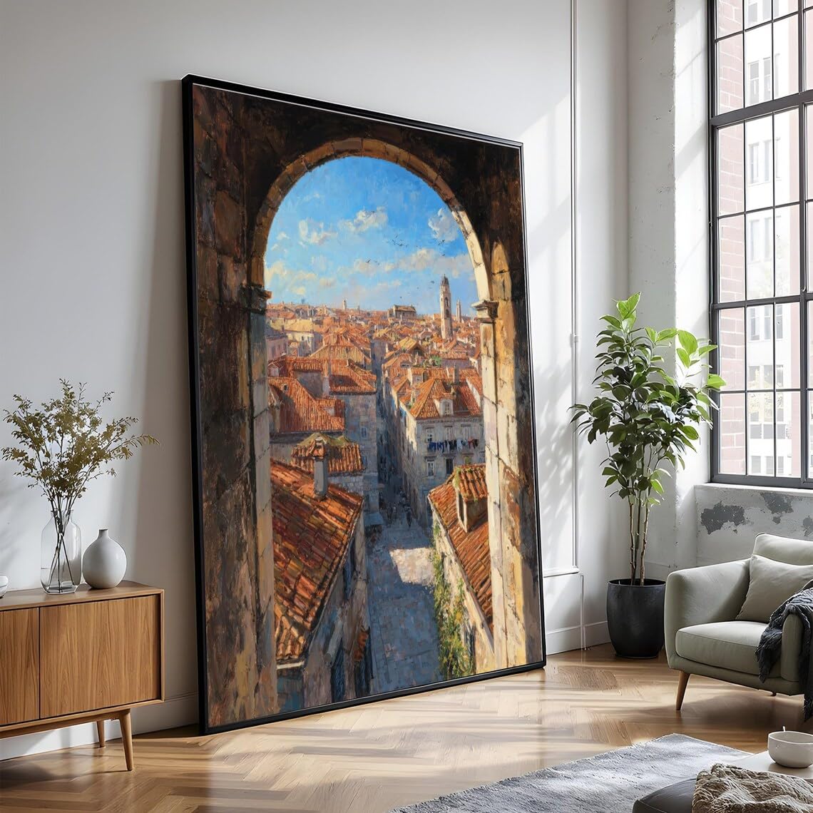 XINBAO Śródziemnomorski krajobraz miejski druk na płótnie, widok łuku, wystrój podróży w stylu vintage, plakaty i druki na płótnie do domu (60 x 90 cm/wewnętrzna rama)