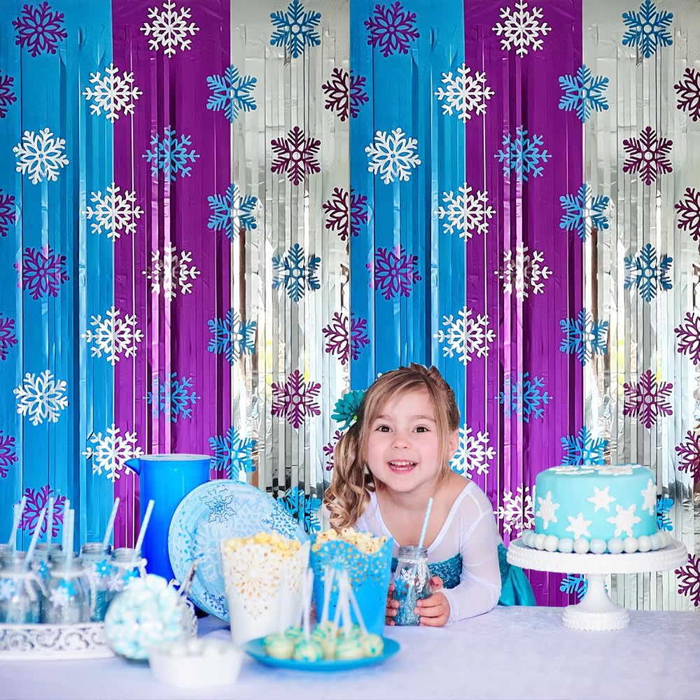 Blue Snowflake Foil Tinsel Backdrop Frozen Birthday Party Decorations -  2-Pack Blue Snowflake Tinsel Curtain Backdrop 3.3x6.6ft Snowflake Tinsel  Backdrop, image size:1000x1000