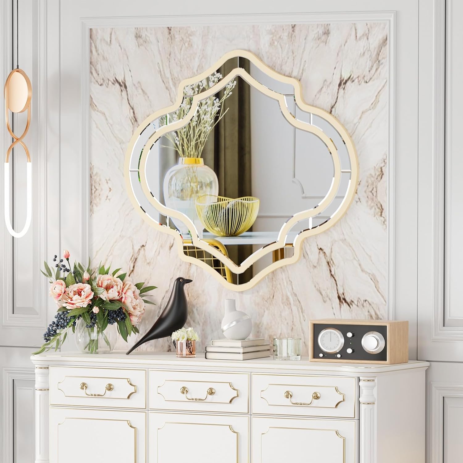 Scallop Wall Mirror Silver Beveled Edge Modern Art Gold Frame 32x34.6 inch