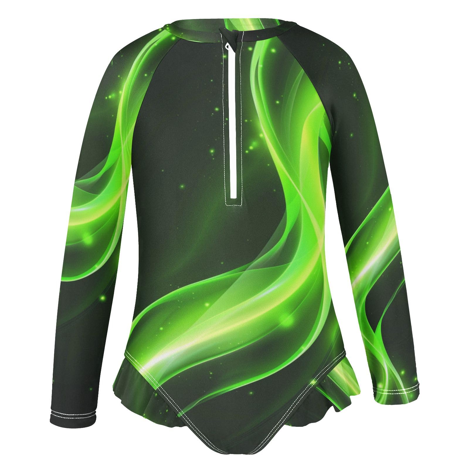 ALAZA Swimsuit for Girls Long Sleeve Rashguard Bathing Suit Green Light Wave Quick Dry 4T