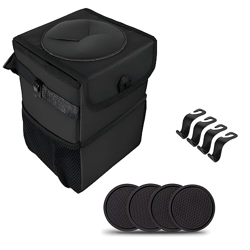 Cubo de basura para automóvil con tapa, antiolores y bolsillos de almacenamiento, cubo de basura impermeable, contenedor de basura multiusos para