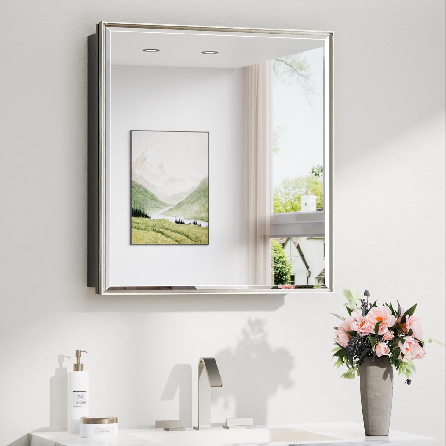 TokeShimi 24x26 Beveled Mirror Medicine Cabinet Recessed, Aluminum Framed Metal Brushed Nickel Medicine Cabinet with Mirrored, Bathroom Mirror with Adjustable Storage and Quiet Hinge 24x26 IN Single-Door Brushed Nickel