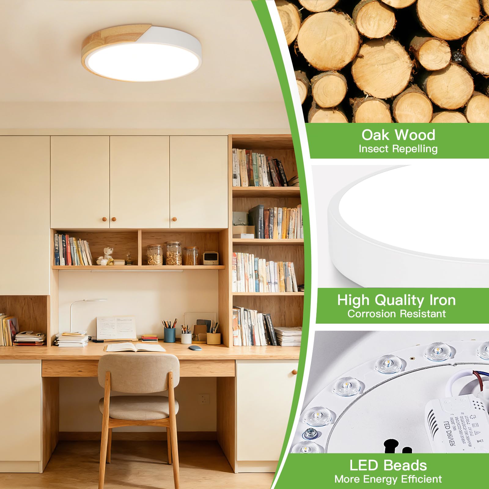 Kimjo 24W Lámpara LED Techo Redonda, φ30cm Plafones para Techo Madera, 3000K Moderno Plafon LED Blanco, 2400LM Luz Techo para Oficinas, Salones, Dormitorios, Cocinas, Pasillos