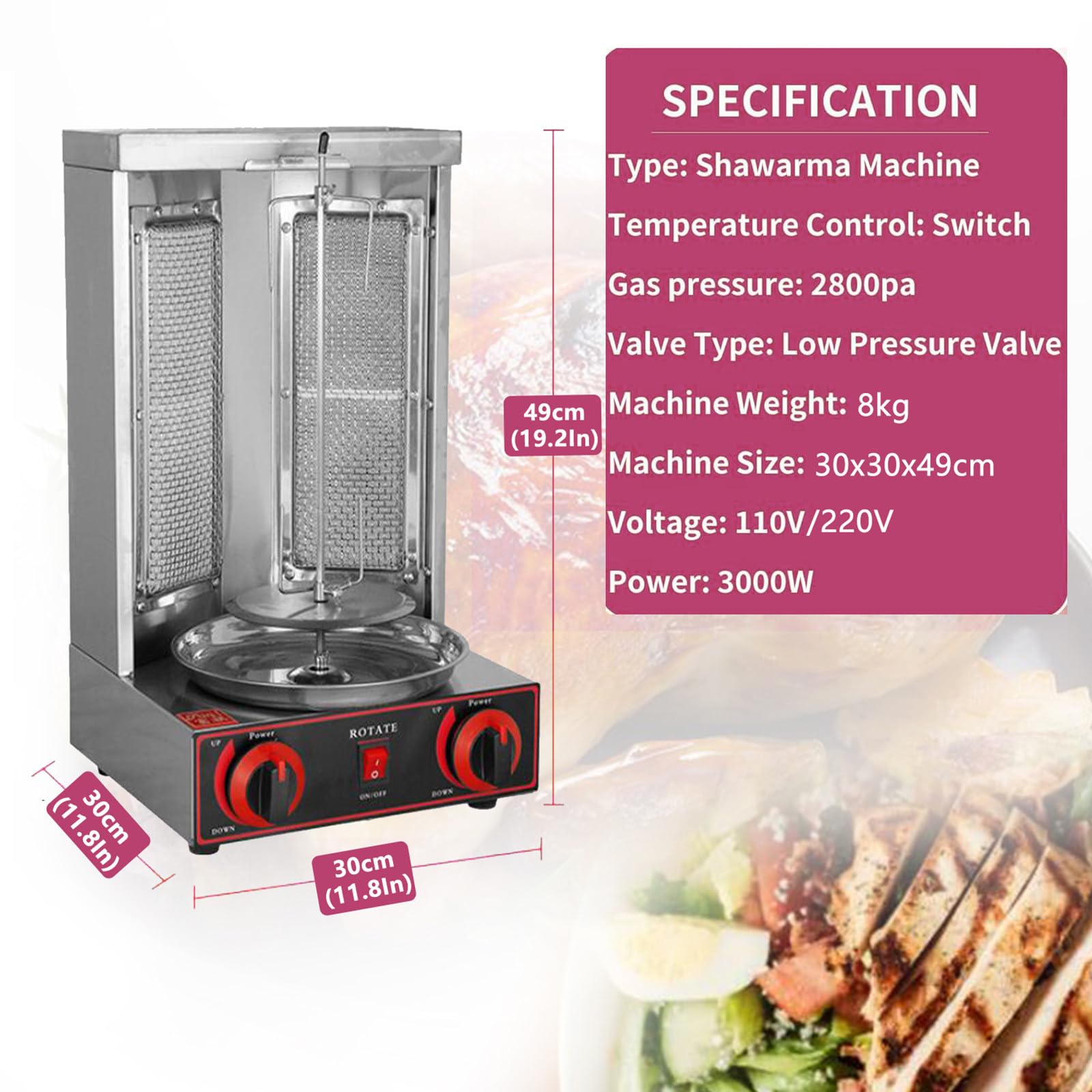 Horno Shawarma Giratorio Vertical - Máquina asadora, shawarma y Kebab - Resistente a Las Manchas y energéticamente eficiente - Puerta Resistente al Calor,Gas