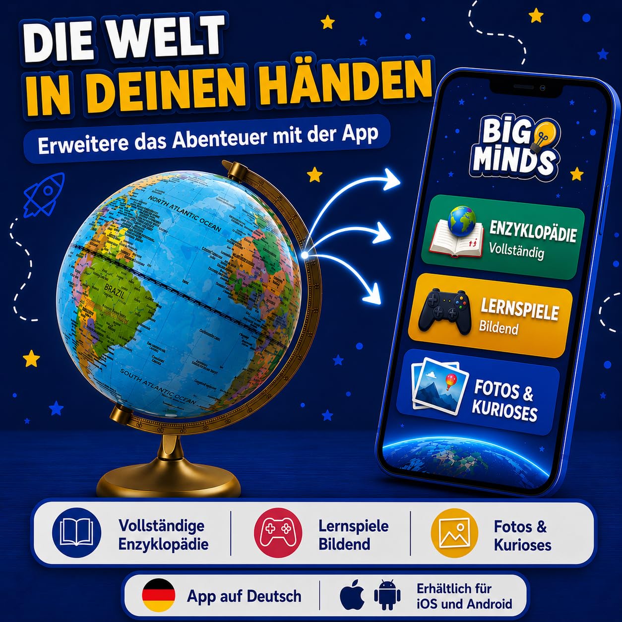 BIG MINDS - Globus Kinder Auf Englisch | Kinder Globus | Kinderglobus Beleuchtet Mit LED-Licht | Kinderglobus Mit Nachtmodus & Tag-modus | Interaktiver Globus Inklusive App
