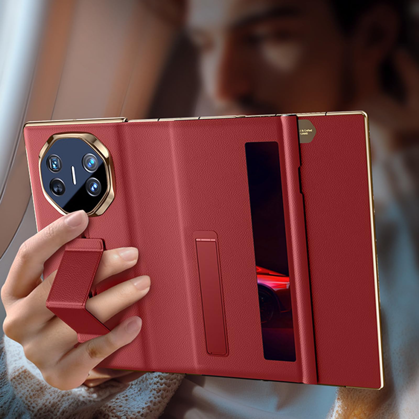 Czarne, Mate XT, etui do Huawei Mate XT, przezroczyste okienko z klapką z prawdziwej skóry z paskiem na nadgarstek podpórka luksusowe etui odporne na wstrząsy