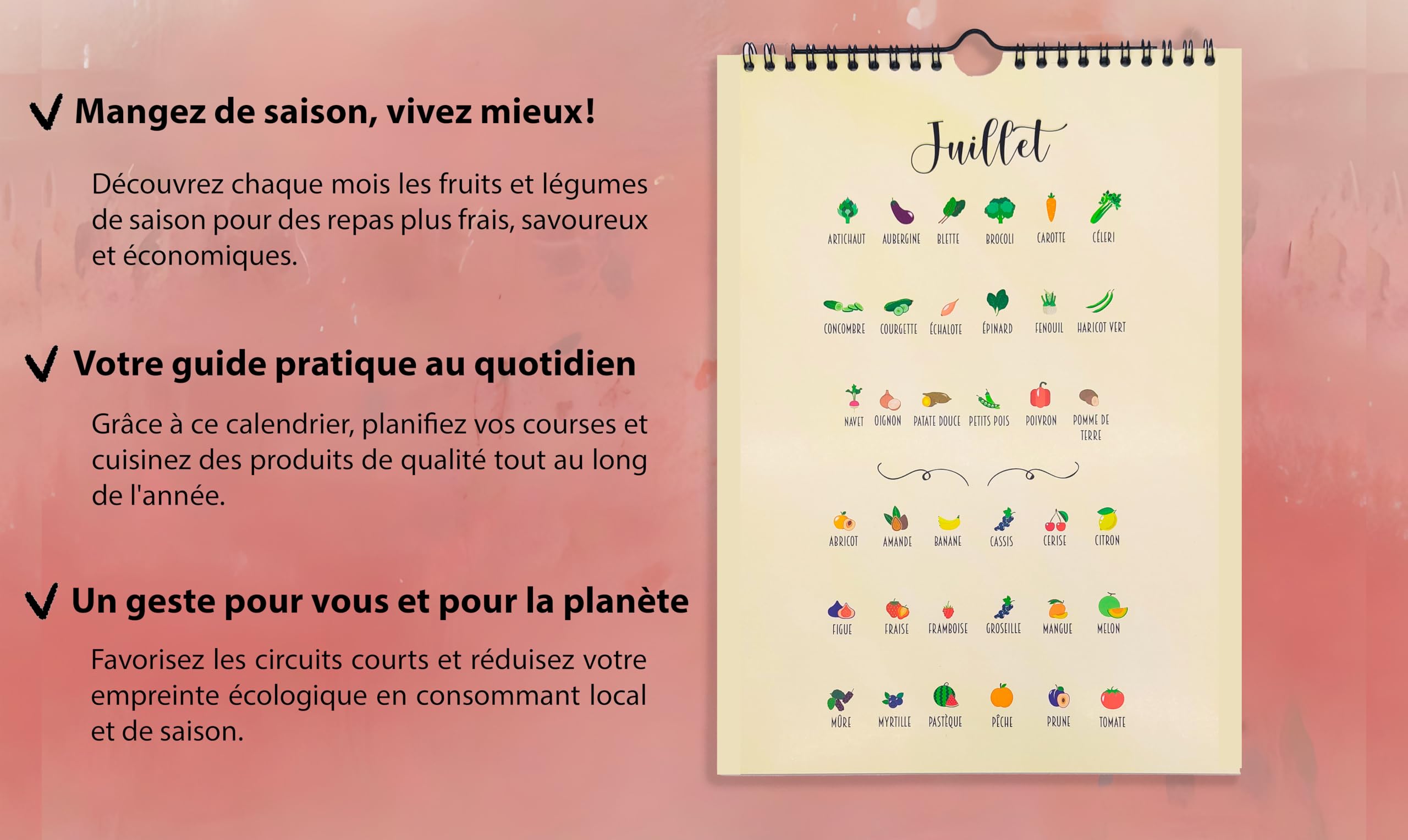 Calendrier perpétuel Fruits et Légumes de saison | Livre de cuisine A4 21 x 29,7 cm