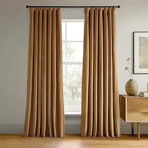 HPD Half Price Drapes Signature Velvet Thermal Blackout Curtains for Living Room 96 Inch Long (1 Panel) Rod Pocket Insulated Blackout Curtains for Bedroom Window Curtains, 50W x 96L, Amber Gold