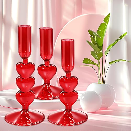 Miniatura 5 de 3Pcs Valentine's Day Glass Candle Holders Red Heart Glass Taper Candlesticks Coquette Crystal Candle Holders for Table Centerpiece Bridal Wedding