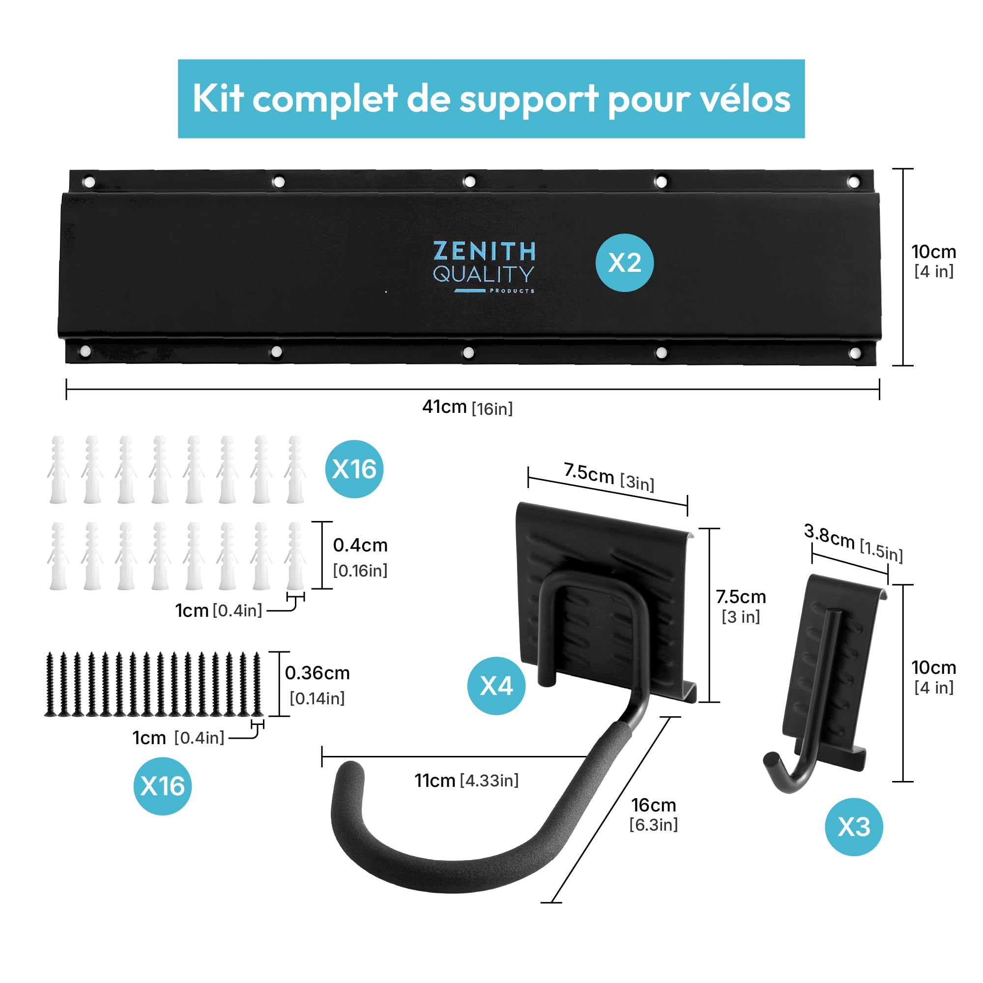 ZQ - Support vélo mural et porte vélo mural | Crochet vélo mural avec 4 supports pour vélos, 3 pour casques, capacité 136 kg | Inclut des protections adhésives