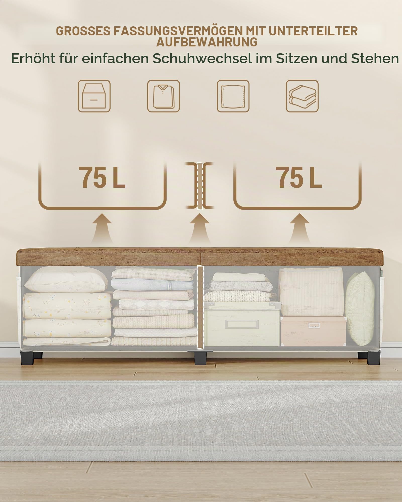 Hzuaneri Truhenbank mit Stauraum, Faltbar, Weiß Braun, 40x140x44cm | Aufbewahrungsschrank, Leinenbezug, Tragkraft 150 kg, Für Wohnzimmer, Schlafzimmer, Flur, SB31499YW