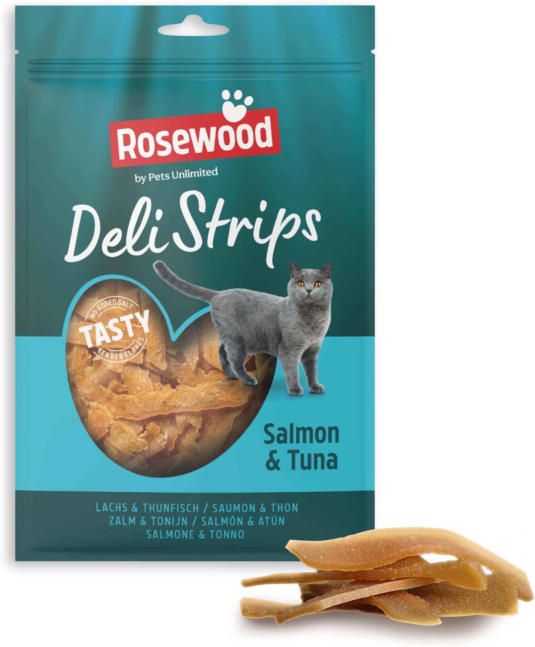 Rosewood Deli Strips Lachs & Thunfisch – Weicher und zarter Katzensnack mit Lachs und Thunfisch, fettarme Leckerlis für Katzen, ohne Zusatz von Salz oder Zucker, ohne künstliche Zusatzstoffe, 40 g