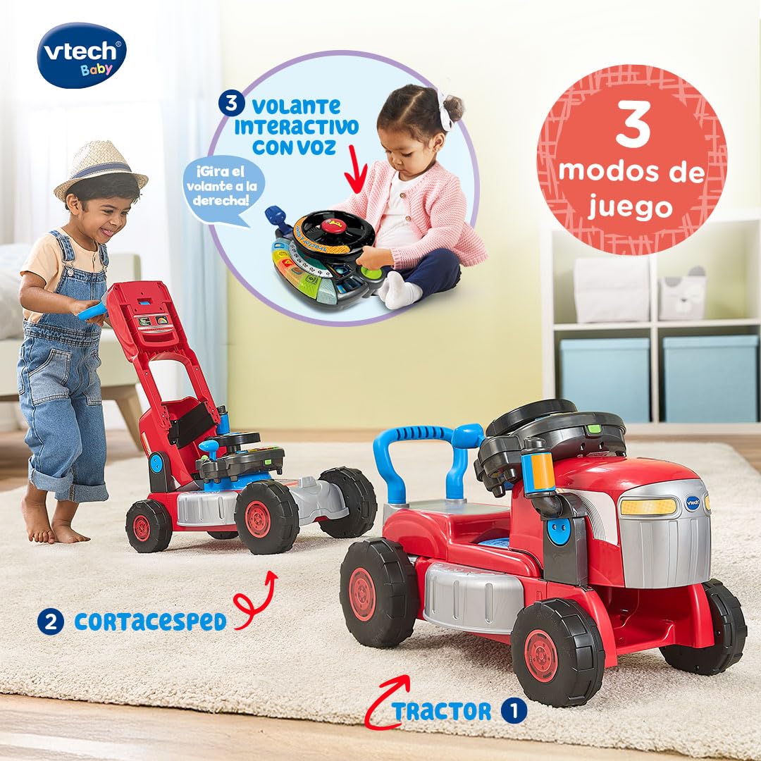 VTech-Baby Convertible 3 en 1 Tractor y Cortacésped, Juguete Niños +1 Año, Correpasillos y Andador con Volante Interactivo, Canciones, Melodías y Juegos de rol, Versión ESP